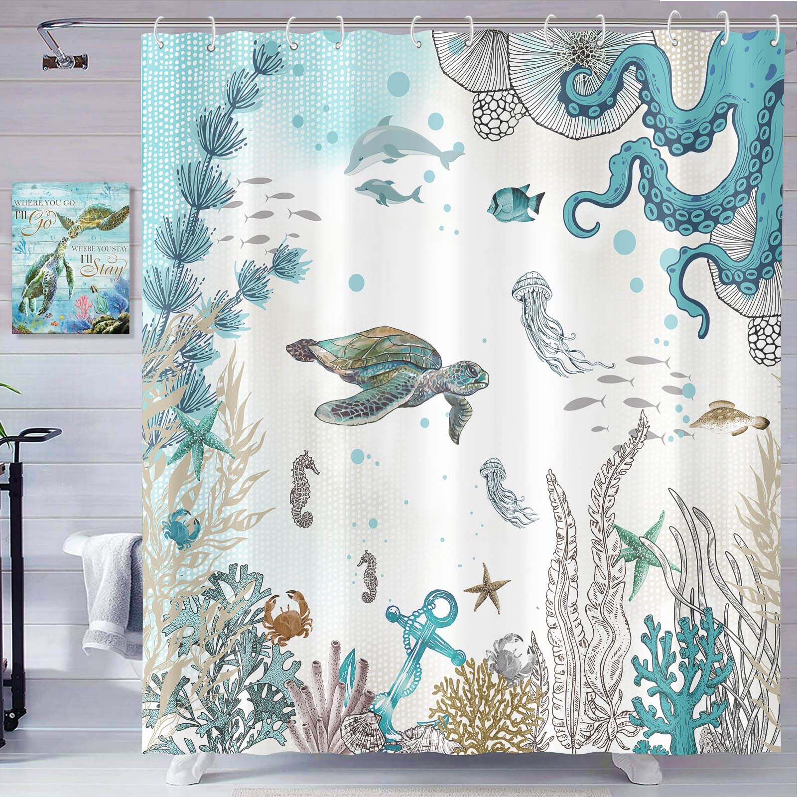 Zussun Long Sea Turtle Octopus Shower Curtain Blue Teal Waterproof Fabric Bathroom Shower Curtains Fish Ocean Animal Seashell Je