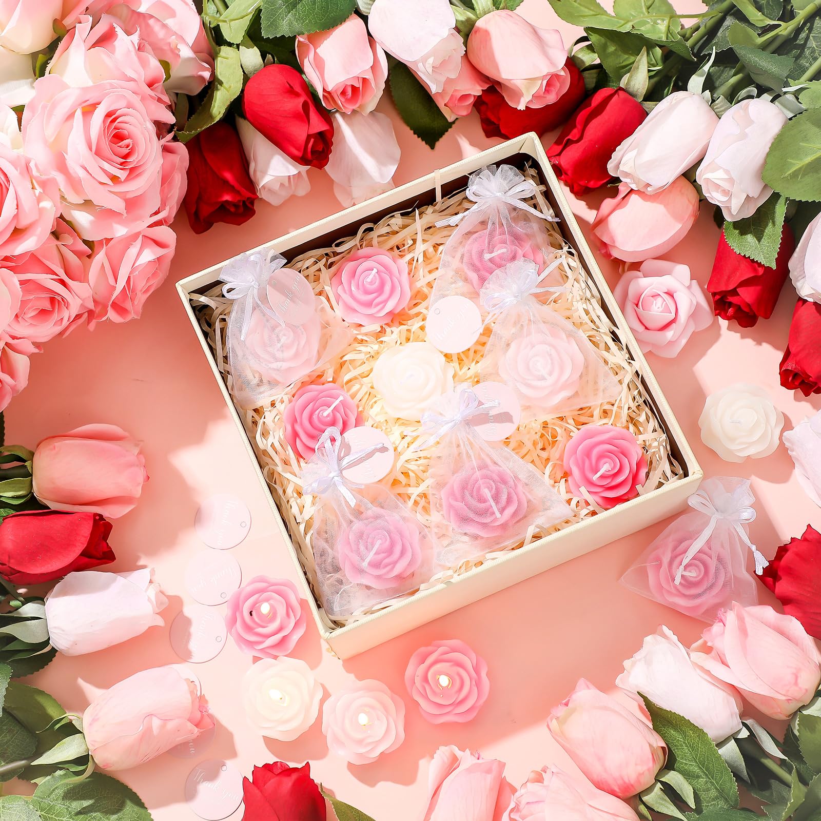 Treela 24 Set Flower Candles Wedding Favor for Guests Mini Pink Rose Shaped Tealight Candles for Return Gift Wedding Birthday Br