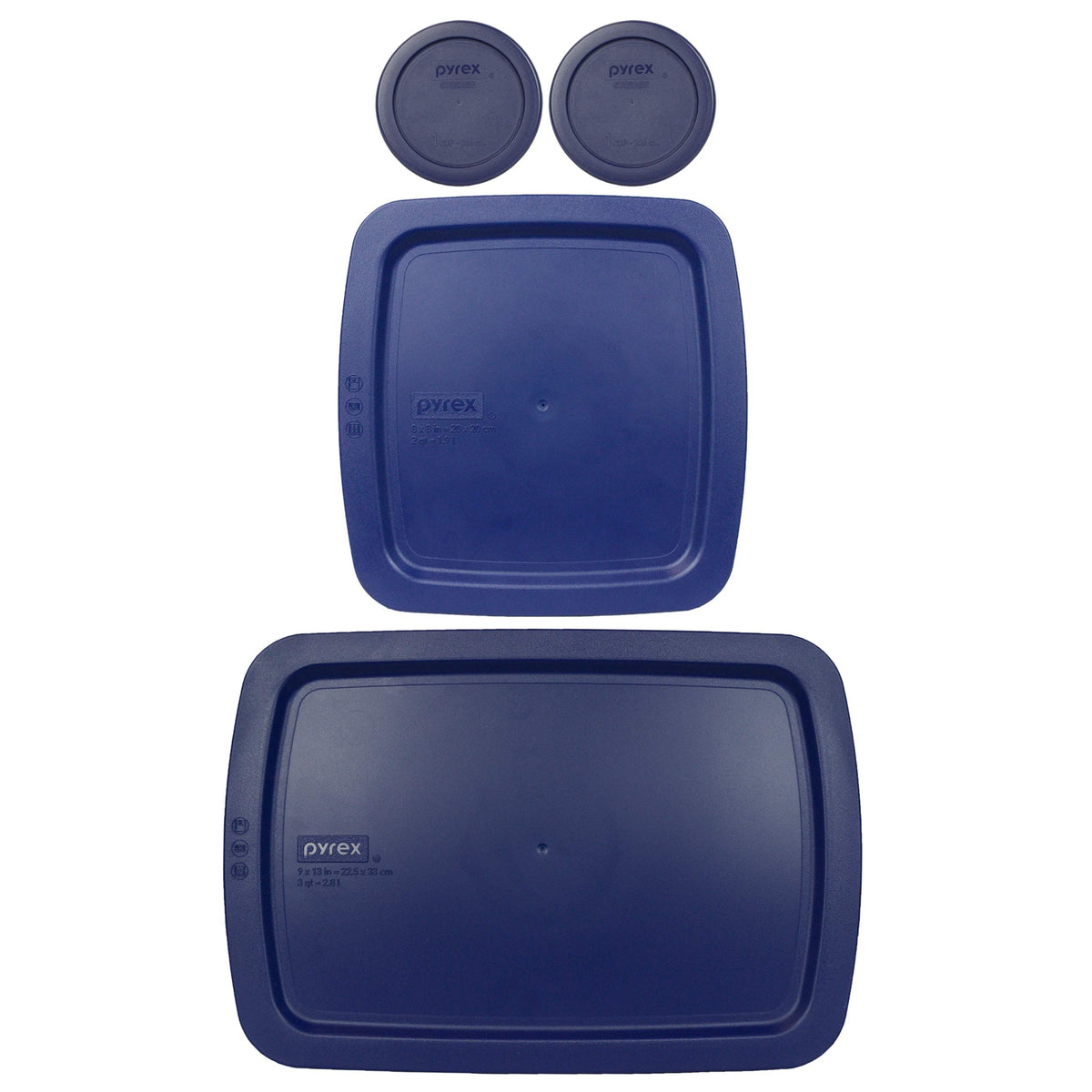 Pyrex (2) 7202-Pc 1 Cup Blue, (1) C-222-Pc 2 Quart Easy Grab, & (1) C-233-Pc 3 Quart Easy Grab Plastic Food Storage Lid, Made In