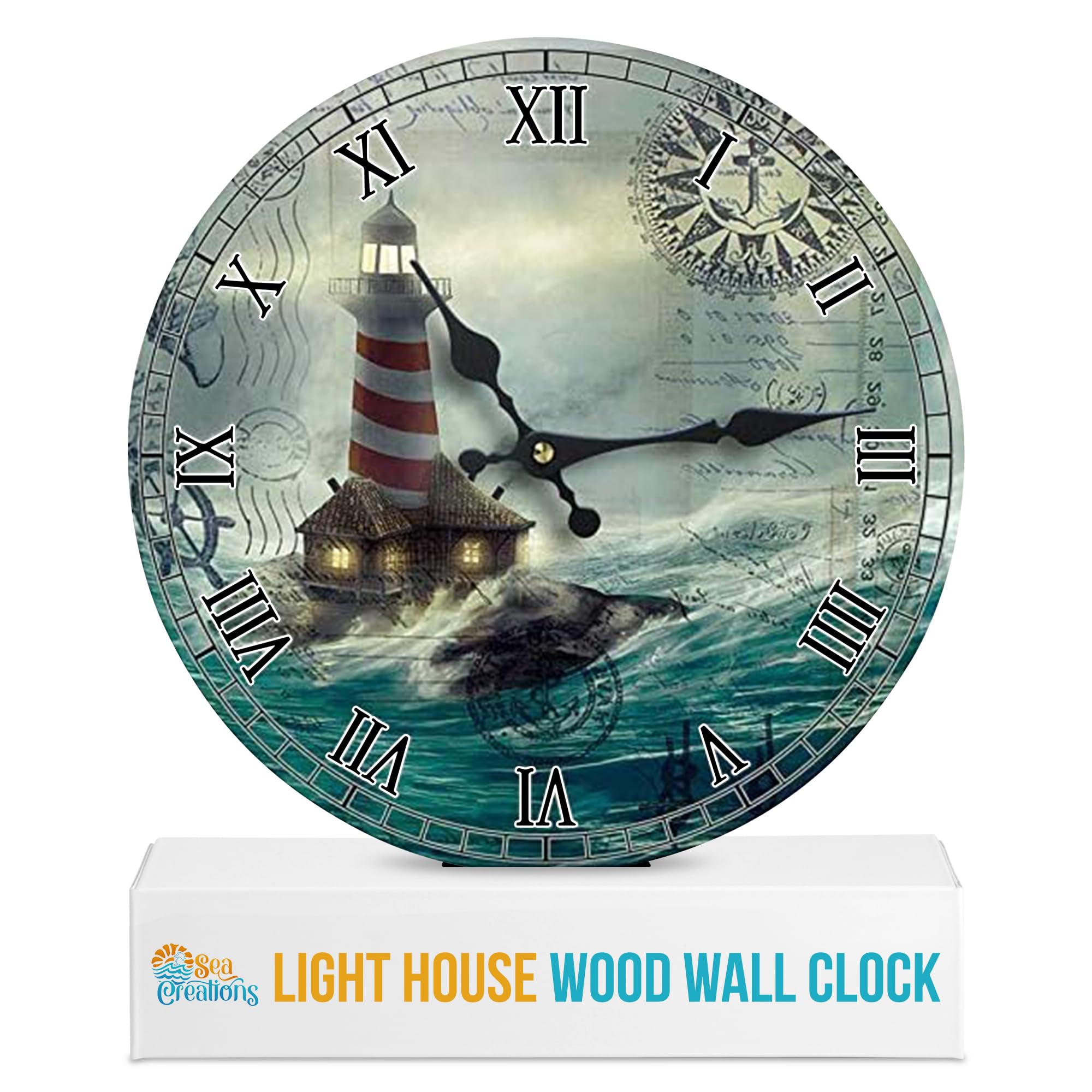 Wall Clock Wood Lighthouse Decorative 13 Inch Beach Theme Perfect Decor For Kitchen Bathroom Office Rustic Battery Operated Cloc