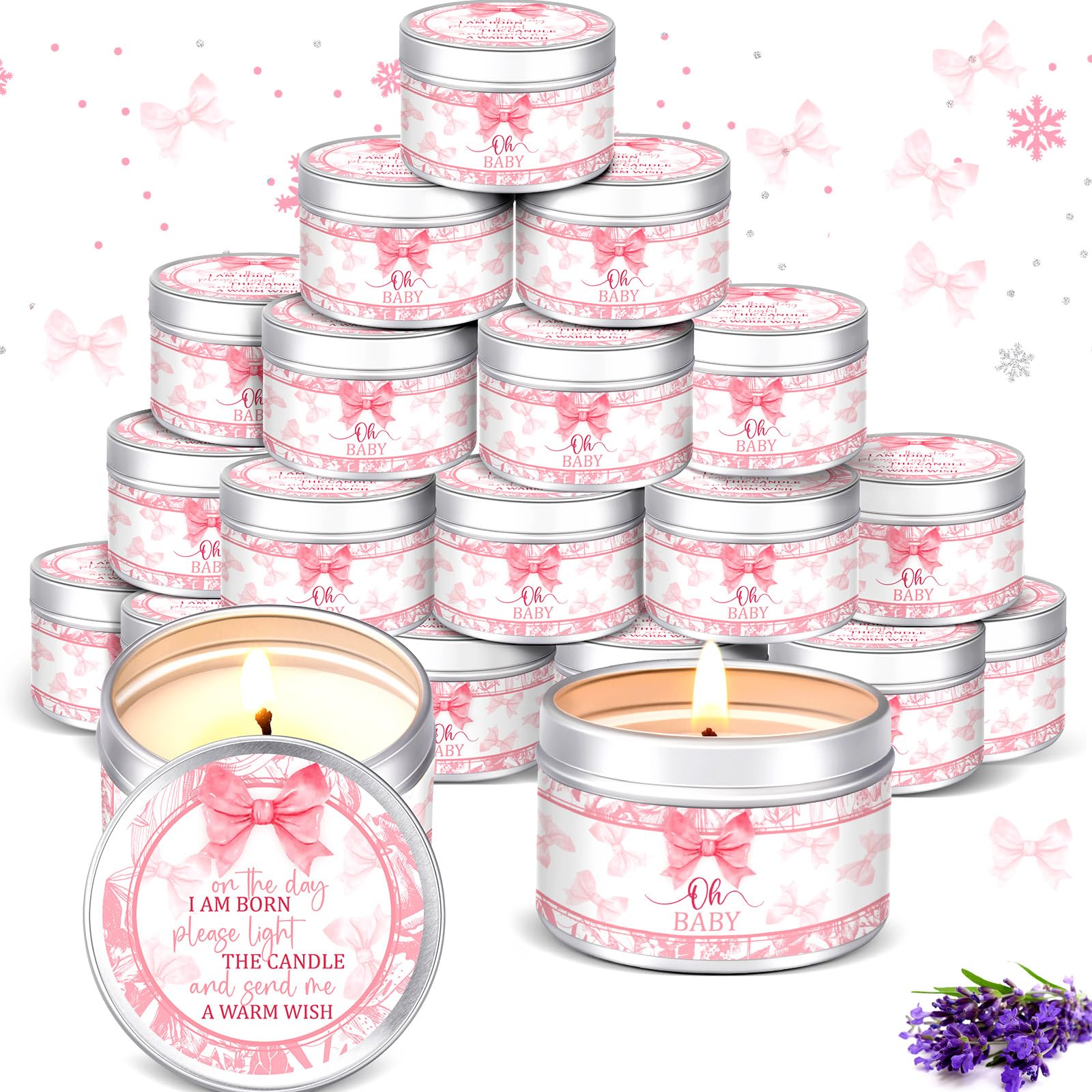 MTLEE 24 Pcs Bow Baby Shower Party Favors Candles Lavender Scented Baby Shower Favors for Guests Rustic Tealights Candles Gender