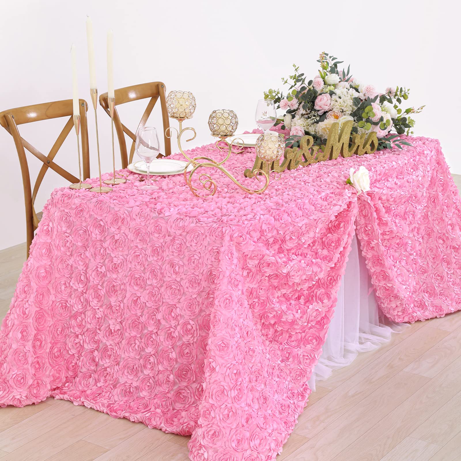 Fanqisi Pink Rosette Tablecloth 50X80 Inches Wholesale Rectangle Table Cover Rosette 3D Satin Tablecloth For Dinner Wedding Birt