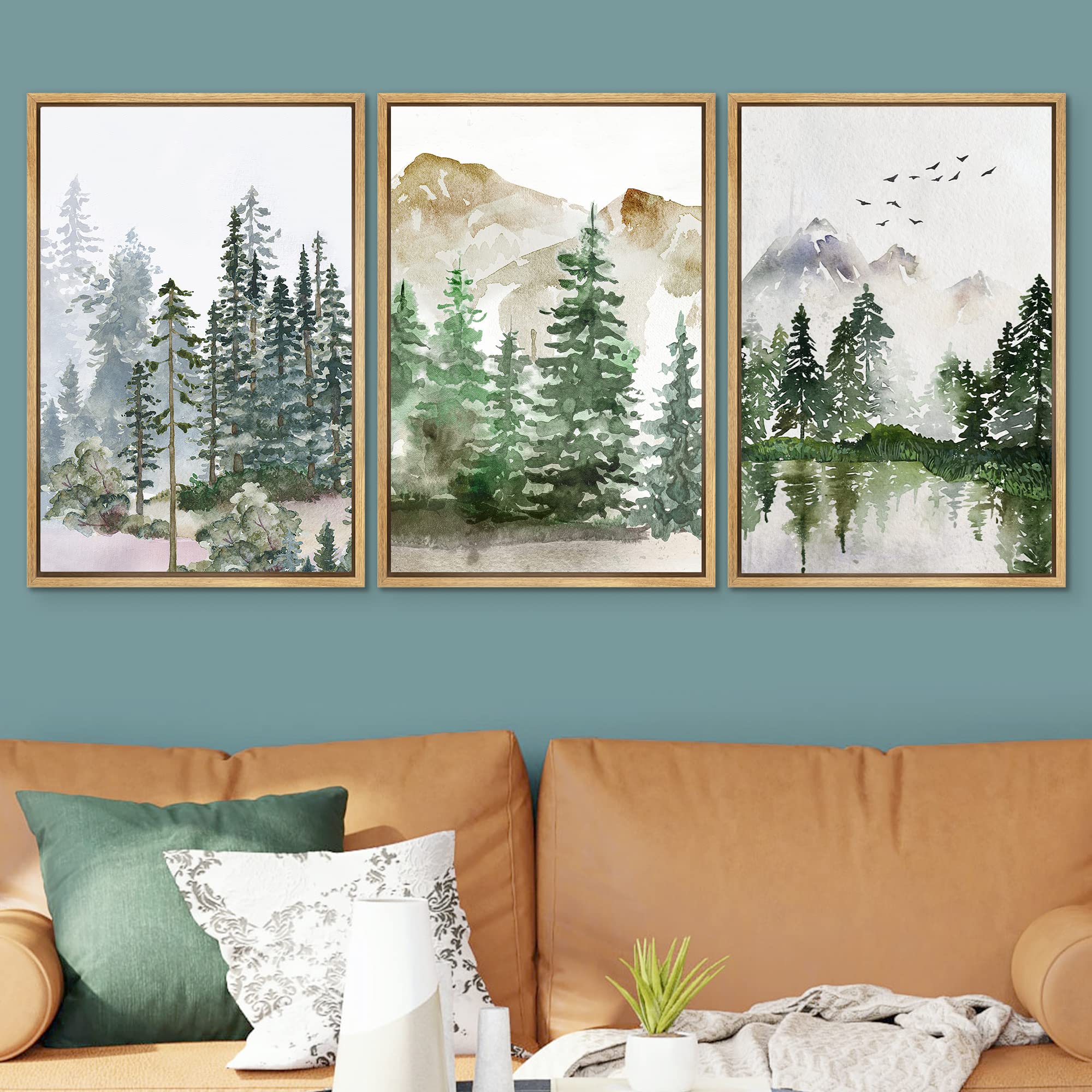 Signwin Framed Canvas Print Wall Art Set Pastel Mountain Range Forest Mist Nature Wilderness Illustrations Modern Art Decorative