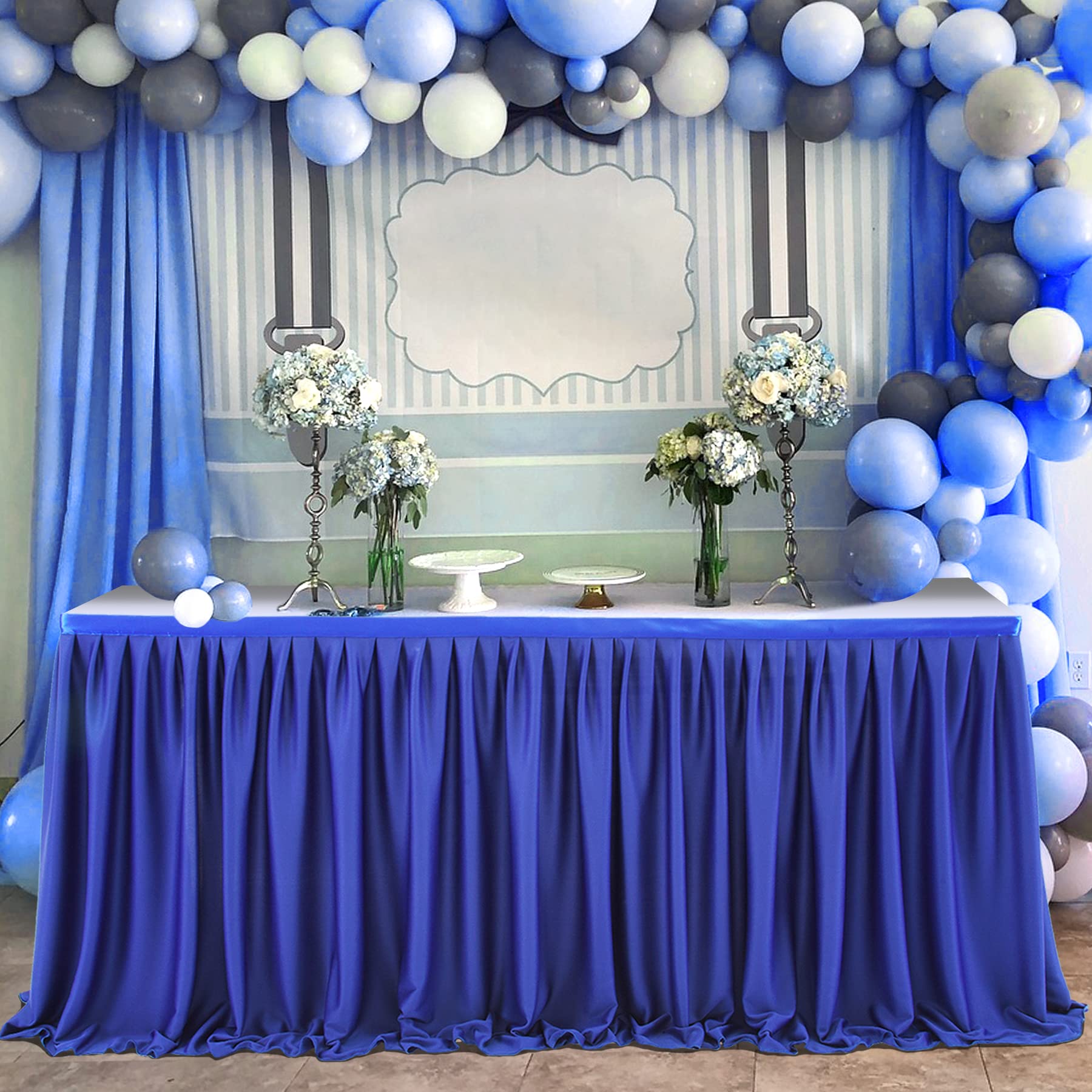 6ft Royal Blue Table Skirts for Rectangle Tables Polyester Table Skirt Ruffle Tablecloth for Birthday Party Banquet Royal Blue Theme Party Wedding Bridal Shower Table Decorations