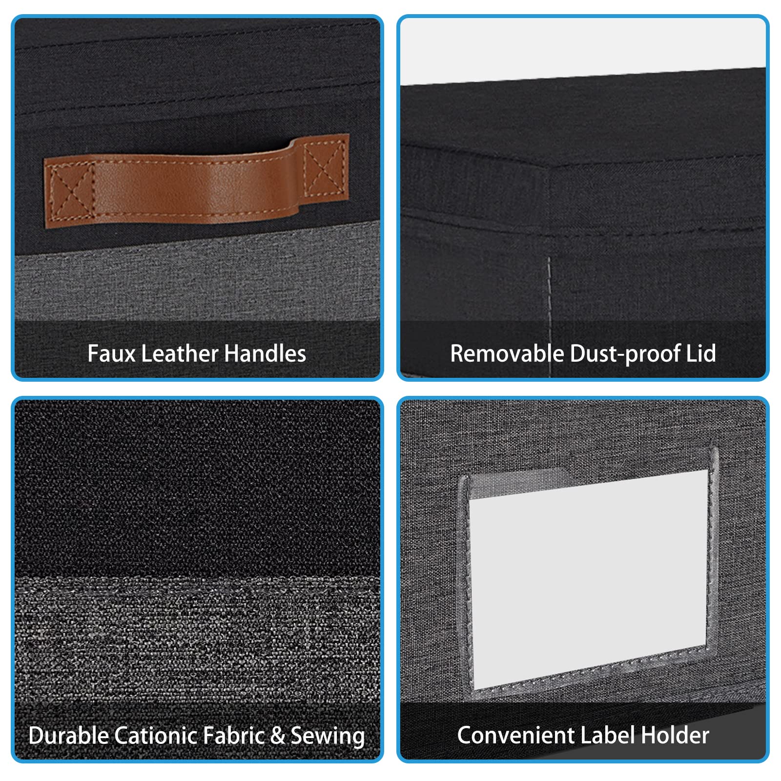 GhvyenntteS Large Storage Bins with Lids (3-Pack) Closet Storage Boxes with Lid and 3 Leather Handles  Foldable Fabric Storage Baskets with Label Window for Home Bedroom Office (Grey&Black  15'' x 11'' x 9.7'')