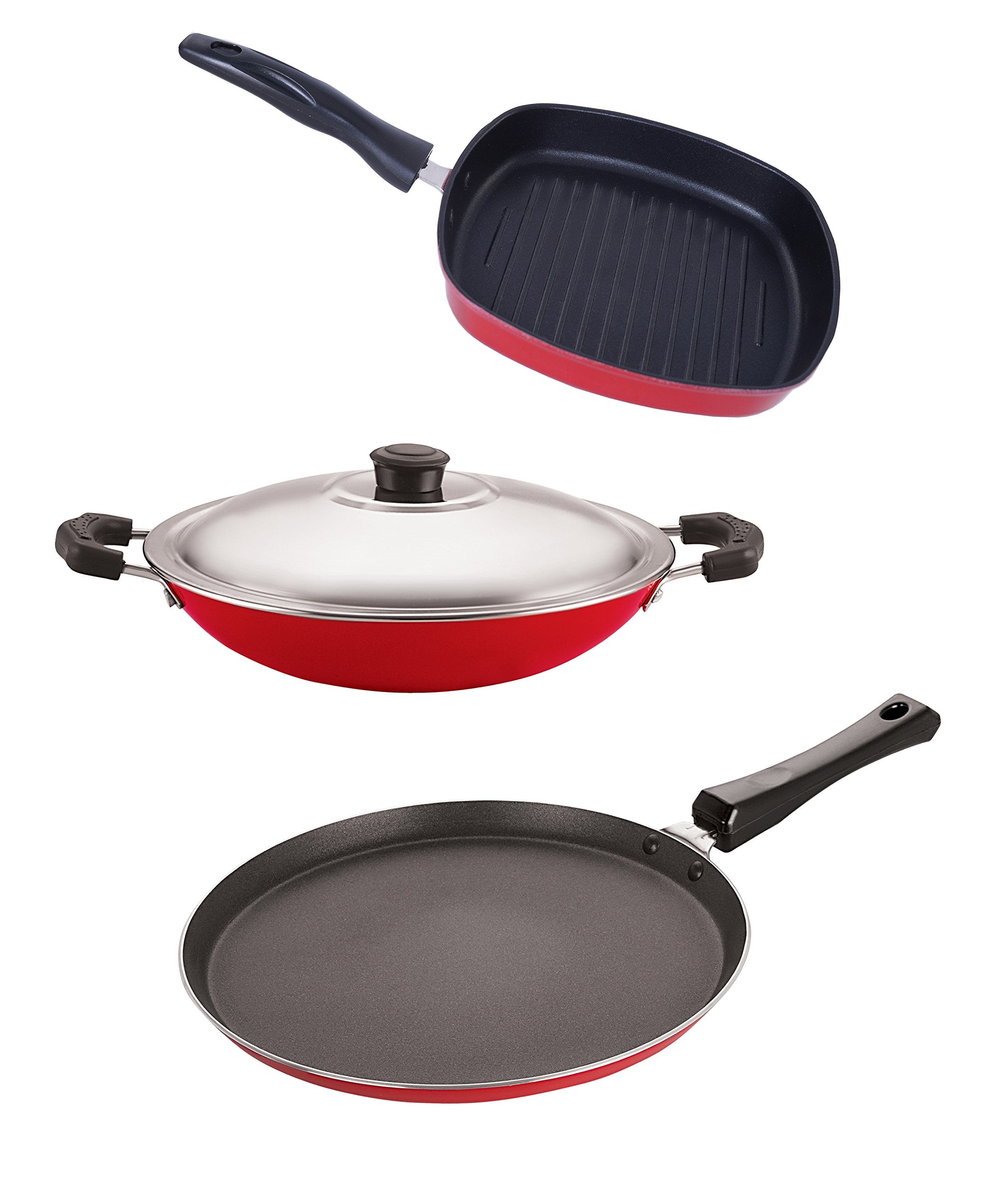 Nirlon NonStick Aluminium Tawa Chetty Pan And Grill Pan Combo Set With Extreme Durability, 2.6Mm_Ft10_Ac_Gp(22.5)