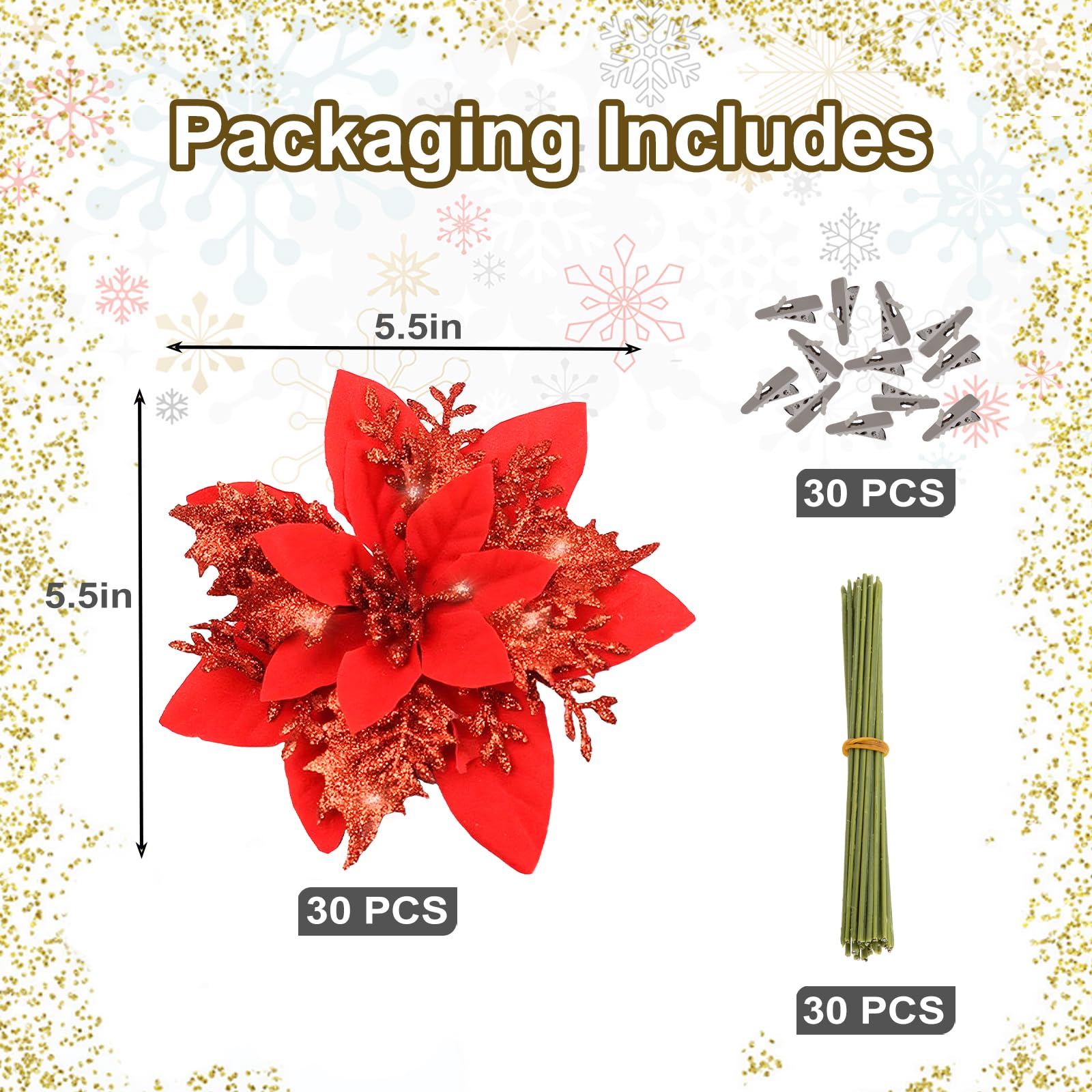 Cliselda 30Pcs Red Poinsettias Artificial Christmas Flowers with Clips, 5.5 Glitter Artificial Flower Poinsettia Decorations Chr