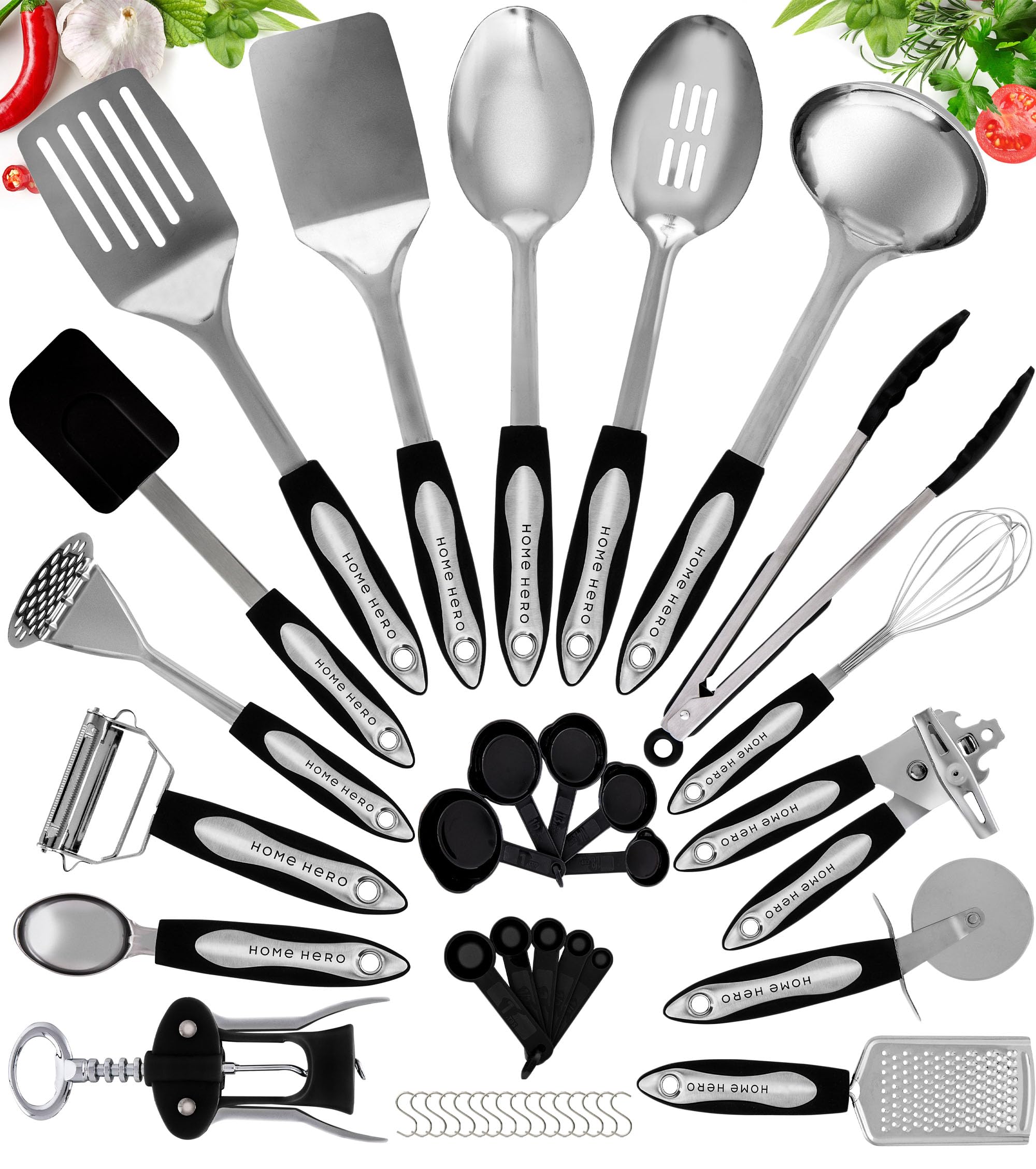 Home Hero Kitchen Utensils Set - Cooking Utensils Set with Spatula - First Home Essentials Utensil Sets - Household Essentials - Kitchen Gadgets & Kitchen Tool Gift (25 Pcs Set - Stainless Steel)