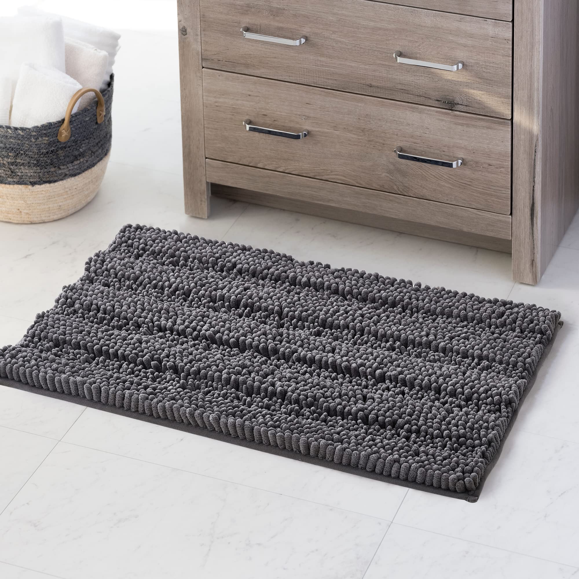 Kgorge Gray Bathroom Rugs - Non Slip Water Absorbent Washable Anti-Skid Super Soft Chenille Kitchen Mats For Living Room Bedroom