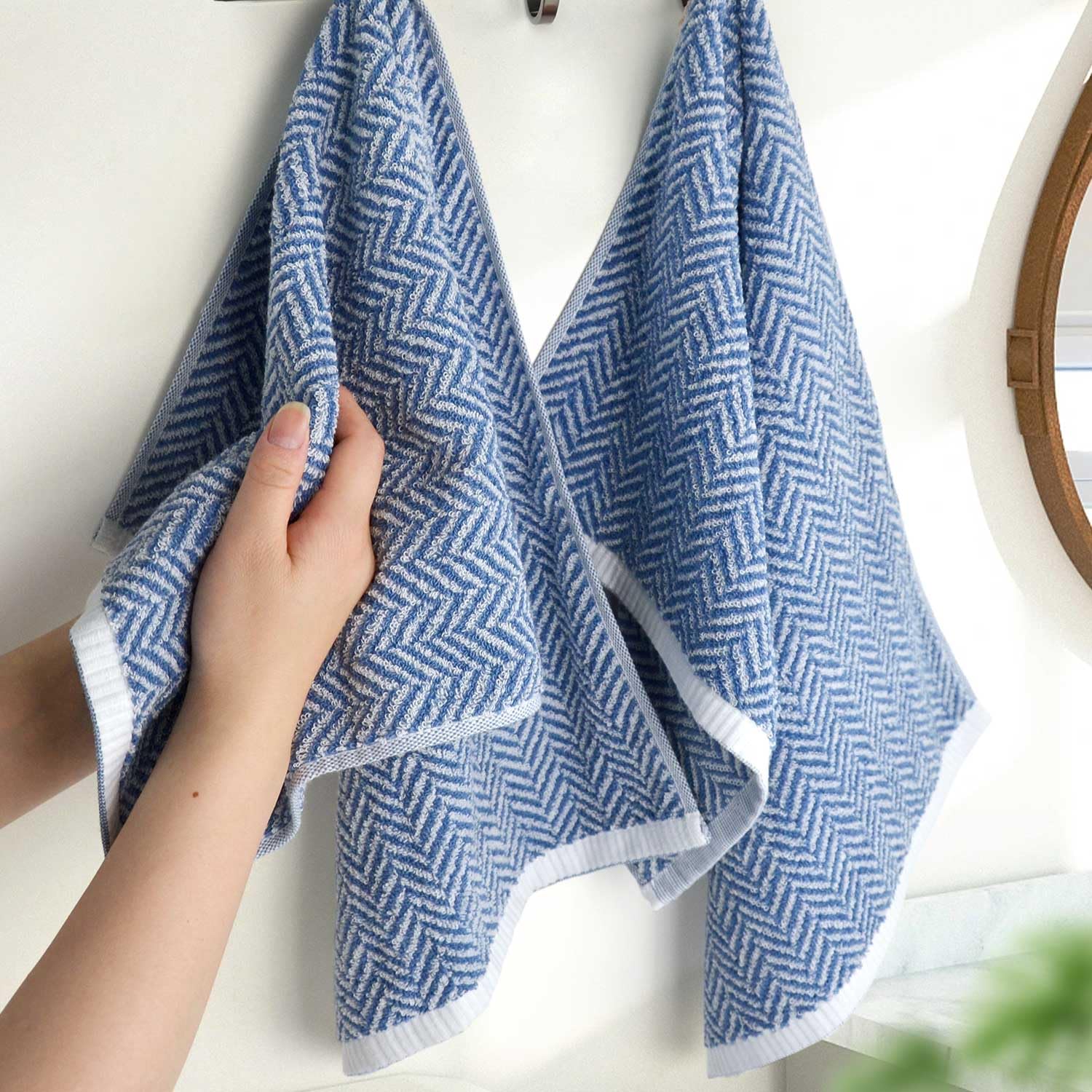 Cleanbear Hand Towels For Bathroom With Decorative Herringbone Stripes, 100% Cotton, 13 X 28 Inches, Light Blue, 2 Pack