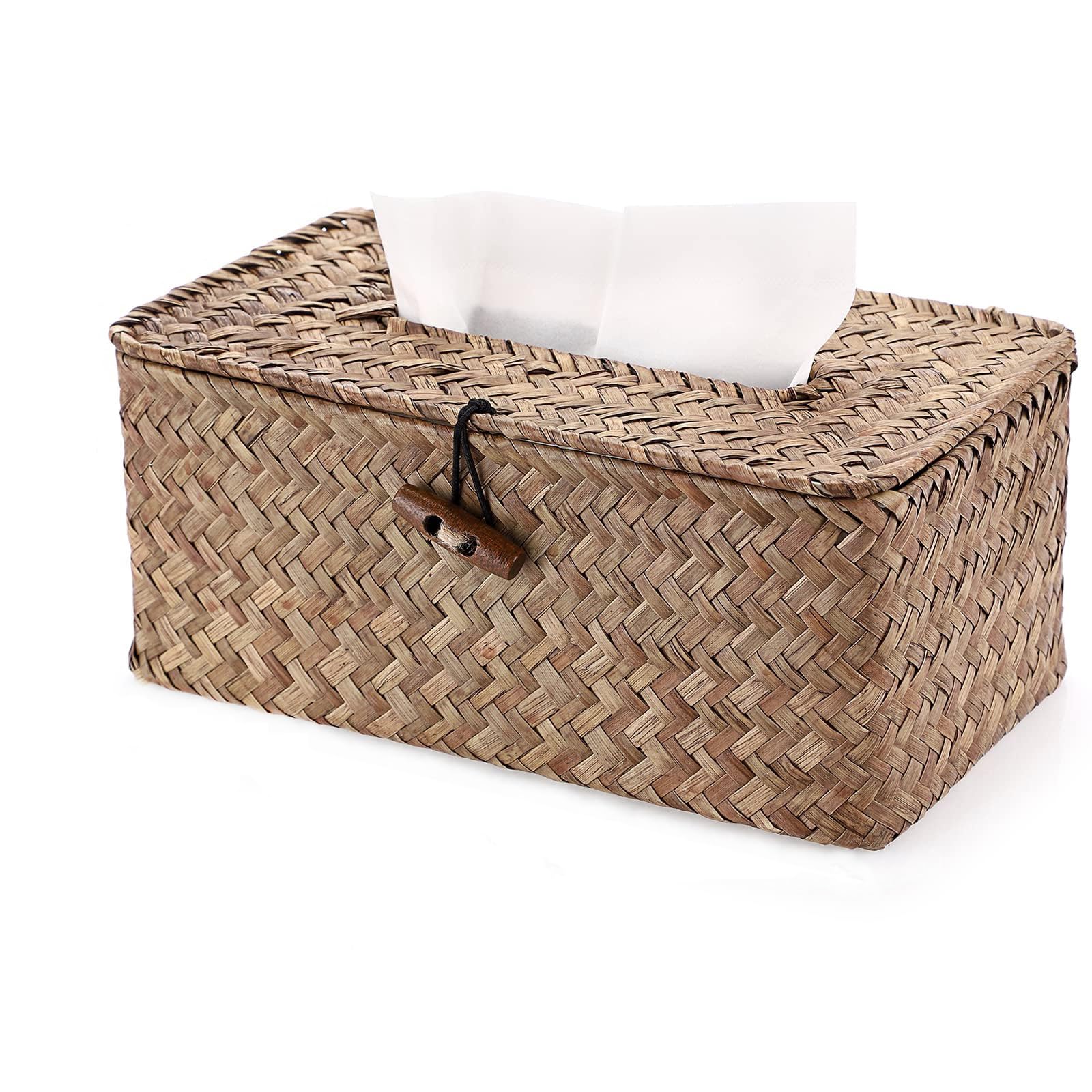 Shonmogar Tissue Box Cover Rectangle Seagrass Tissue Box, Woven Tissue Box Holder with Lid, Wicker Tissue Holder for Bathroom To