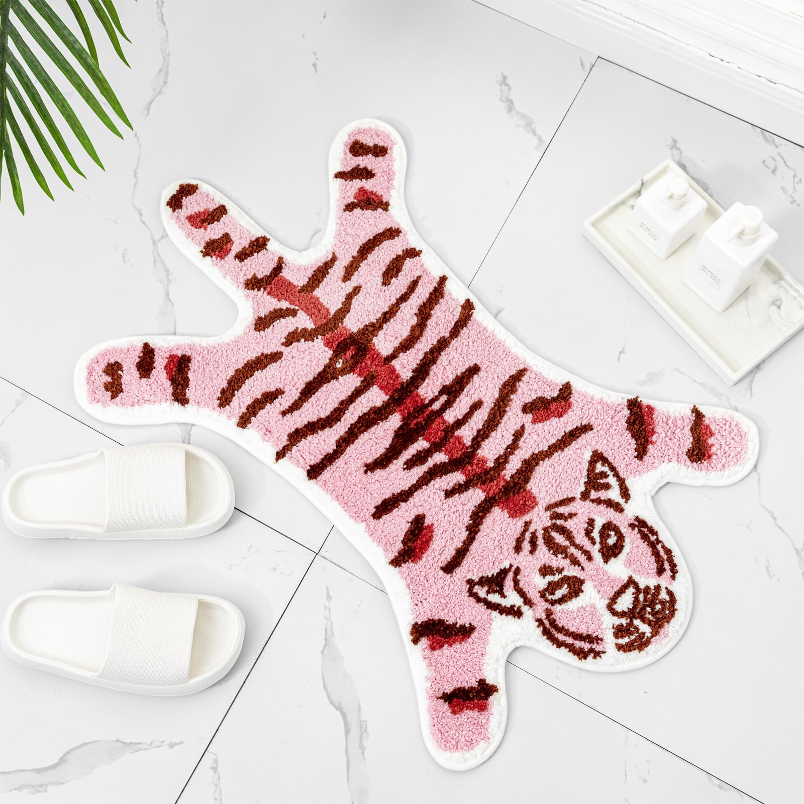 Tiger Bath Mat For Bathroom, Cute Pink Tiger Bathroom Rugs Non-Slip Cartoon Tiger Bath Mats Animals Shaped Absorbent Bathtub Rug