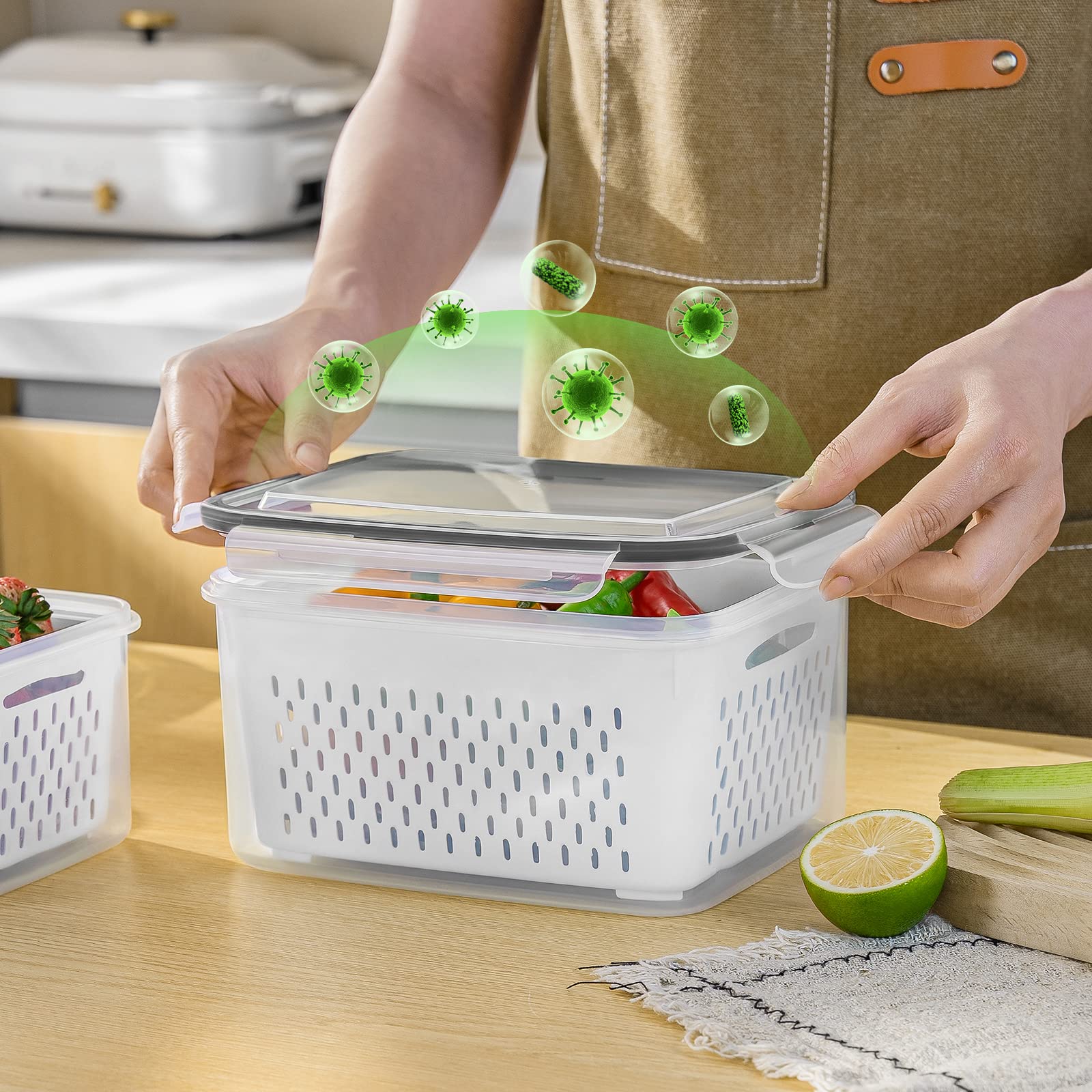 5 PCS Large Fruit Containers for Fridge - Leakproof Food Storage Containers with Removable Colander - Dishwasher & microwave safe Produce Containers Keep Fruits  Vegetables  Berry  Meat Fresh longer