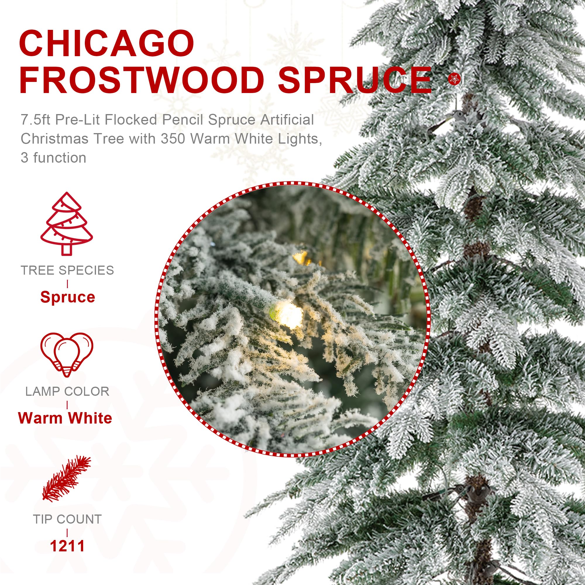 Glitzhome 7.5ft Artificial Christmas Tree, Pre-Lit Flocked Pencil Christmas Tree Chicago Frostwood Spruce with 350 Warm White Li