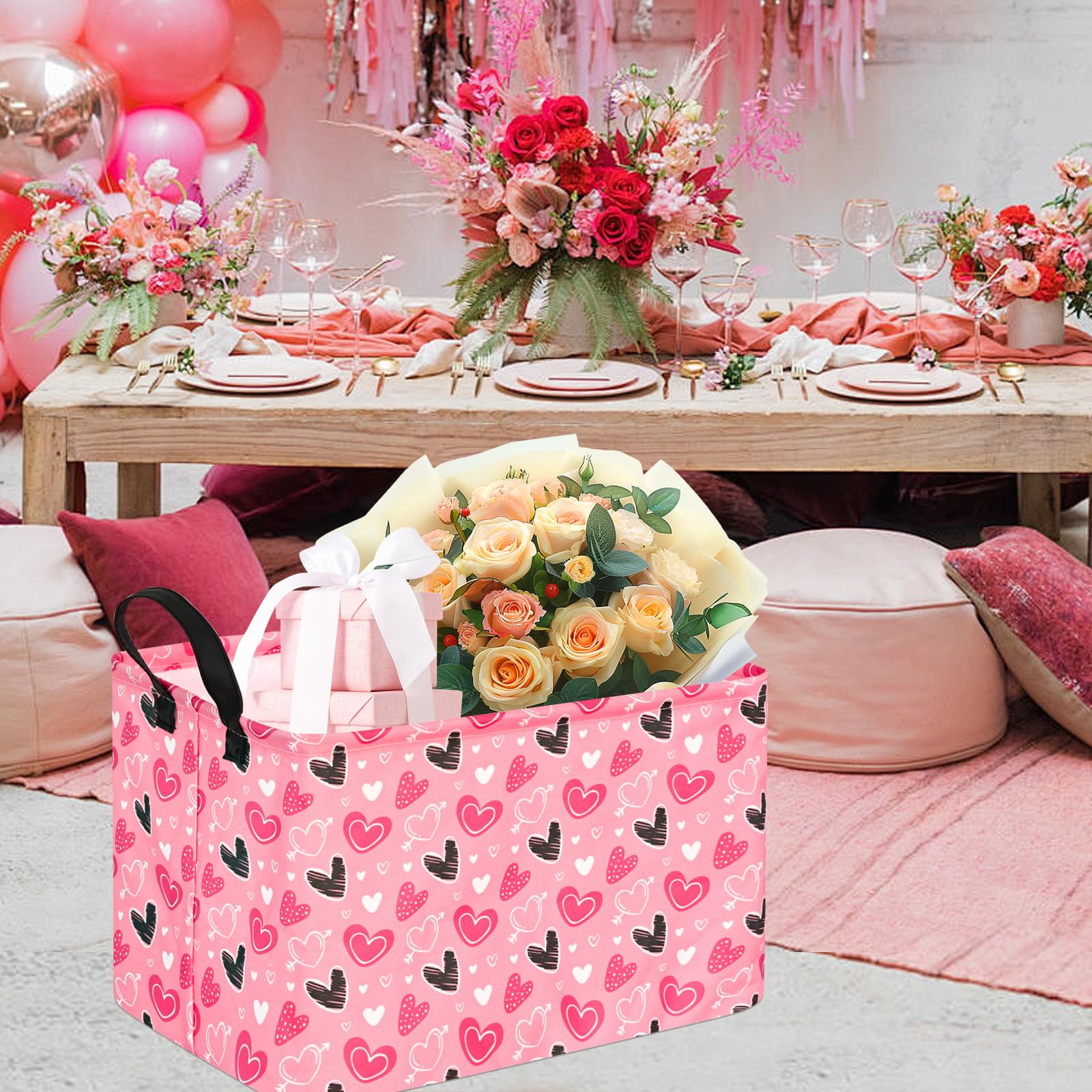 KUNRO Rectang Heart Valentine s Storage Basket Gift Shelf Basket Baby Storage Bin, Kids Toy Basket Organizer Box for With Handle