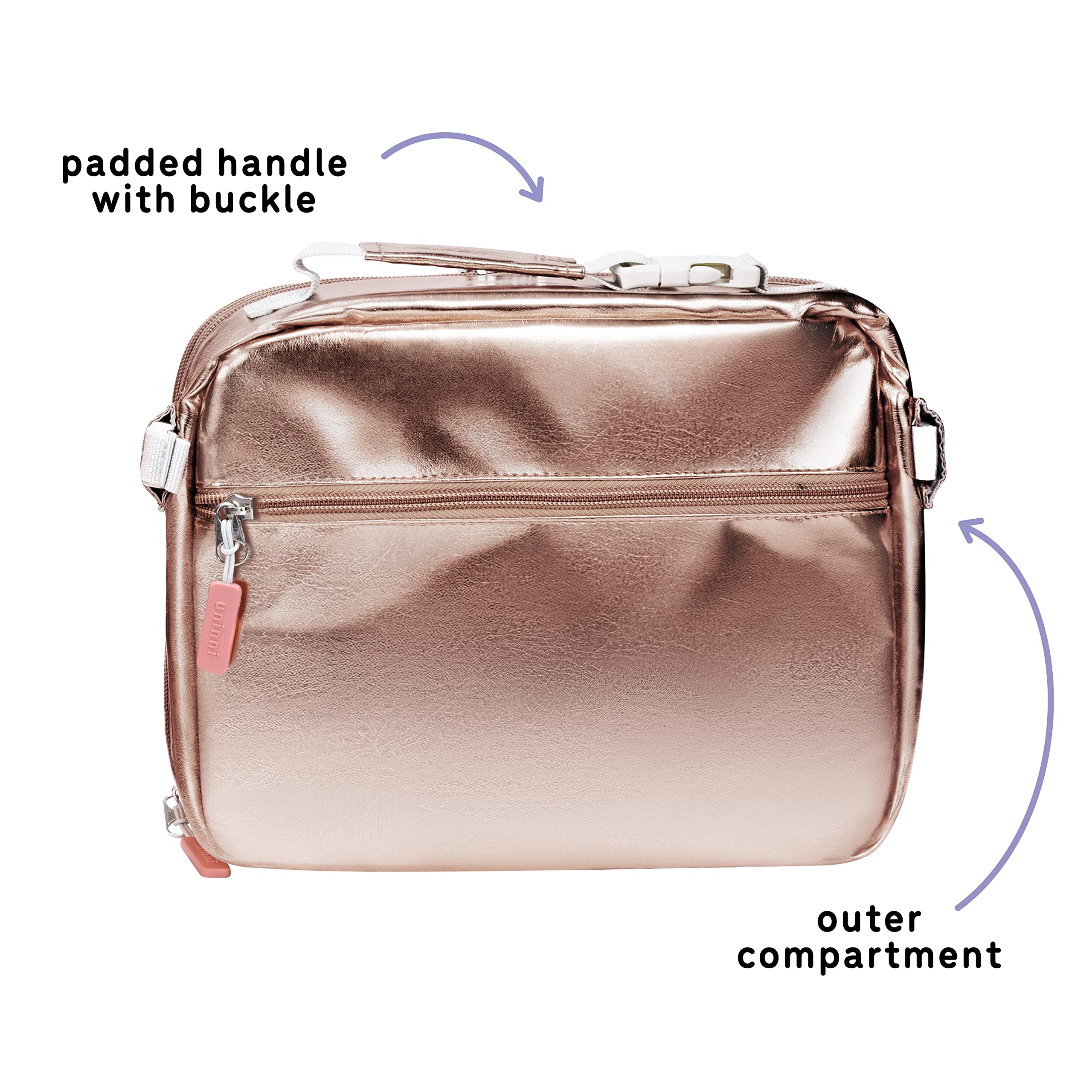 Uninni Rose Gold Insulated Lunch Box For Kids - Age 3+ With Leak-Resistant Storage, Mesh Pocket, Removable Divider For Snacks, S