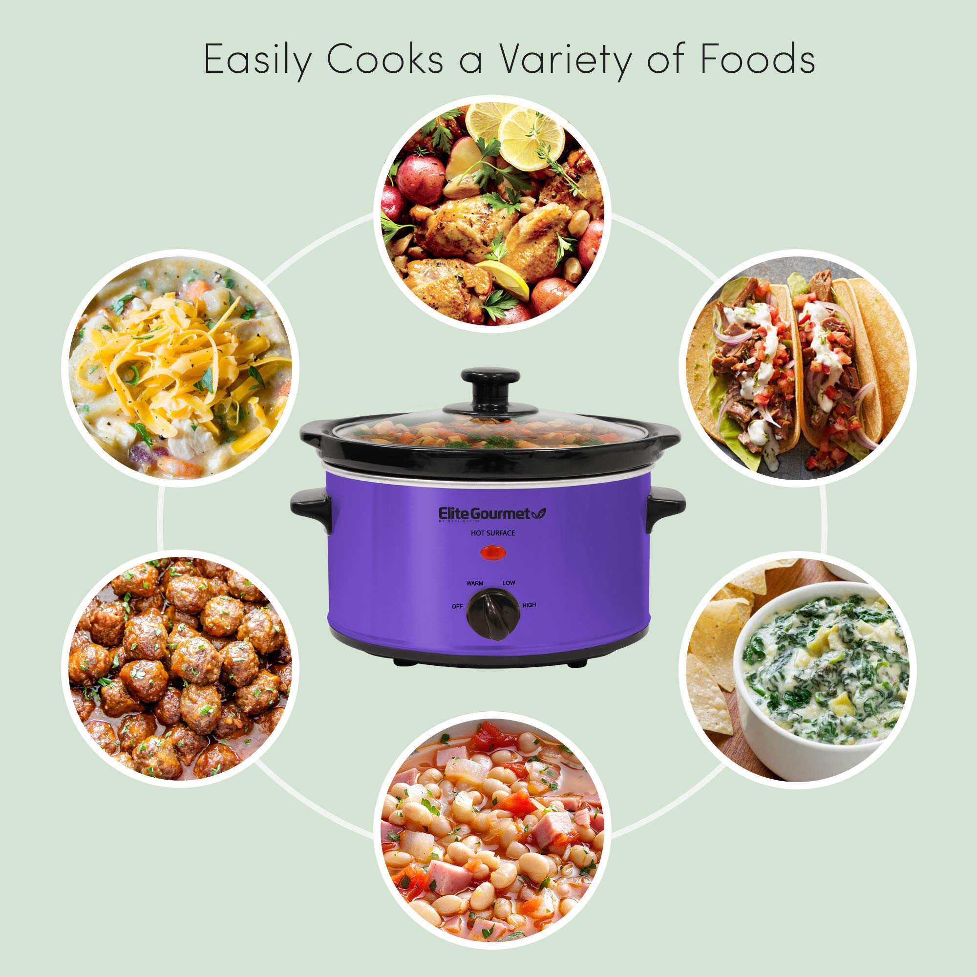 Elite Gourmet Mst-275Xp Electric Oval Slow Cooker, 2Qt Capacity, Purple