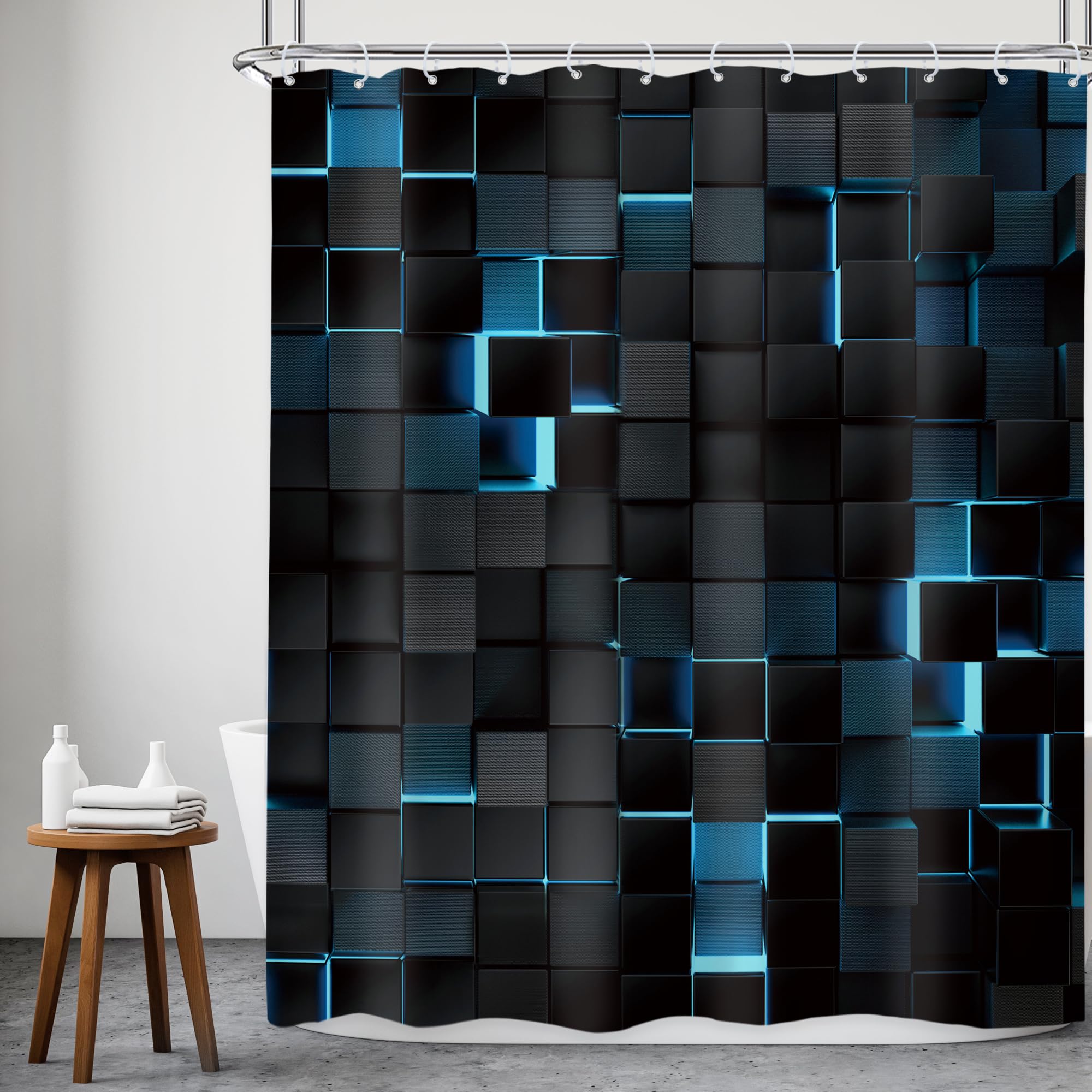 Riyidecor Black Navy Blue Wall Shower Curtain 60Wx72H Inch Abstract Brick Modern 3D Gradient Design Futuristic Cubes Geometric P
