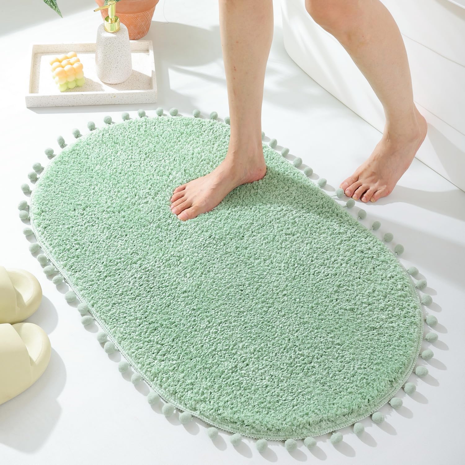 Yirddeo Sage Green Pom Bath Rug For Bathroom Non Slip, Cute Boho Pom Oval Absorbent Shower Mat, Plush Soft Washable Rug (20X30 I