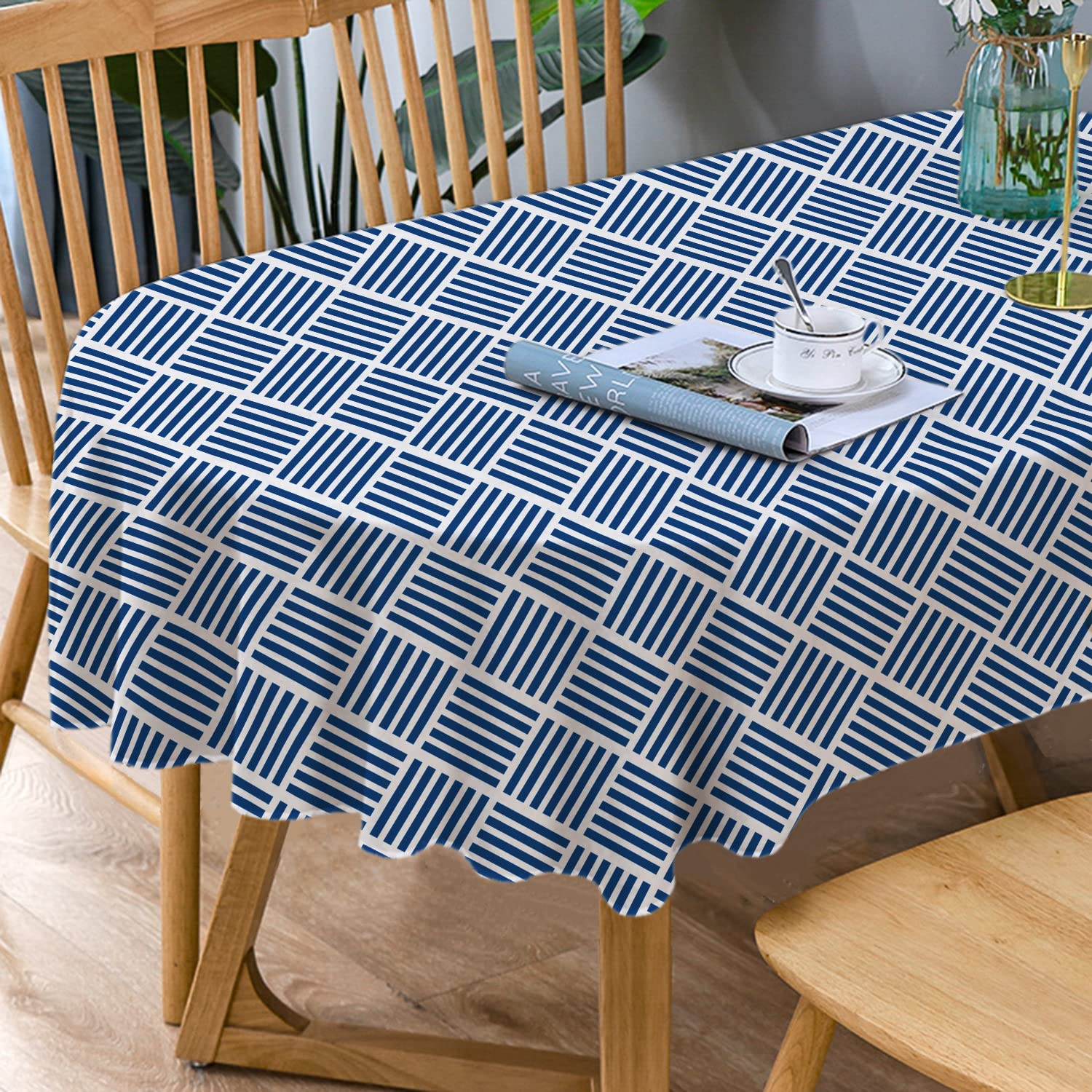 Bnejvif Oval Tablecloth Blue Striped Tablecloth, Modern Oval Tablecloth, Geometric Tablecloth, Indooroutdoor Waterproof Wrinkle