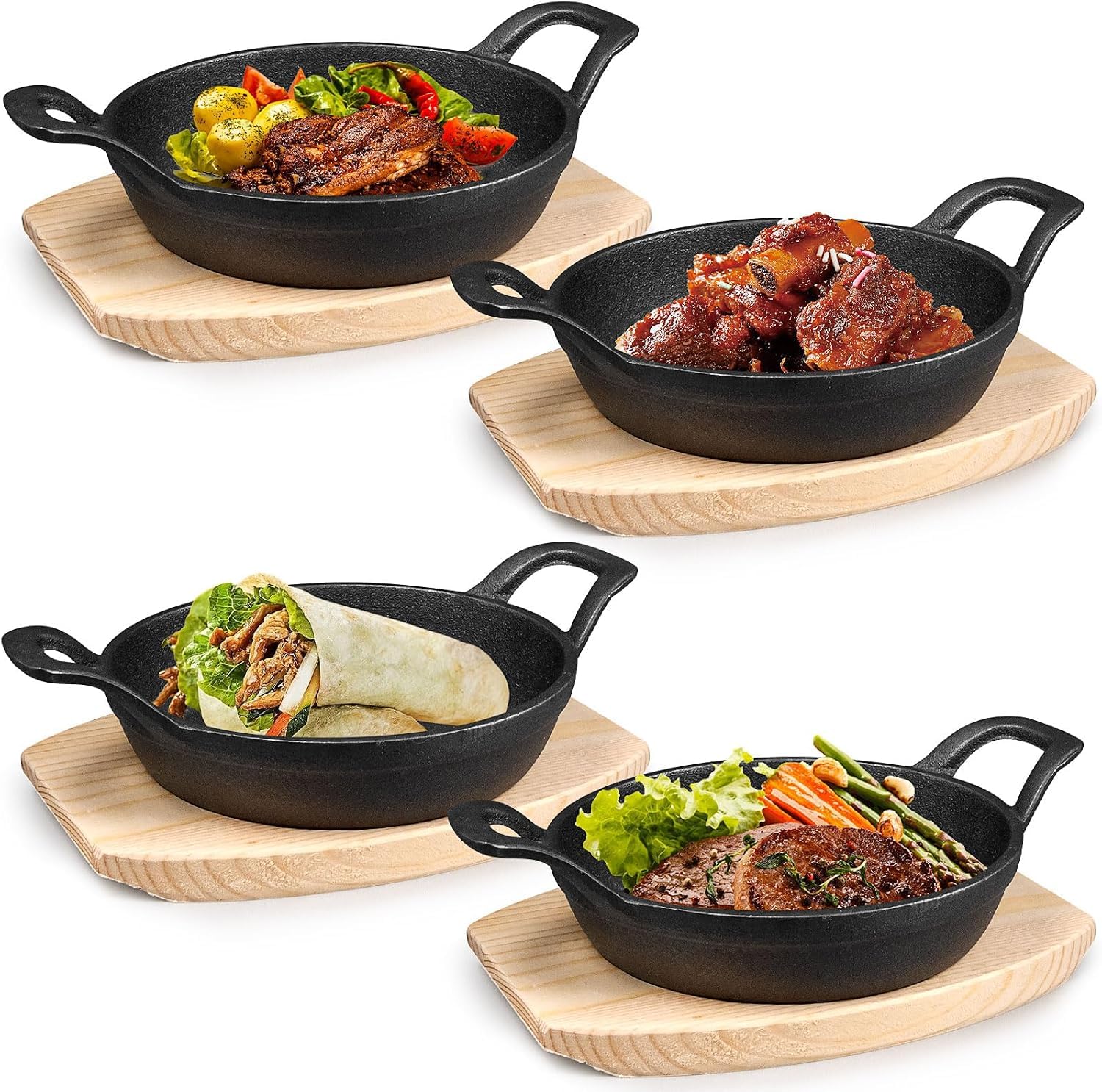 4 Sets Mini Cast Iron Skillets,6.3 Inch Sizzling Plates with Wooden Base