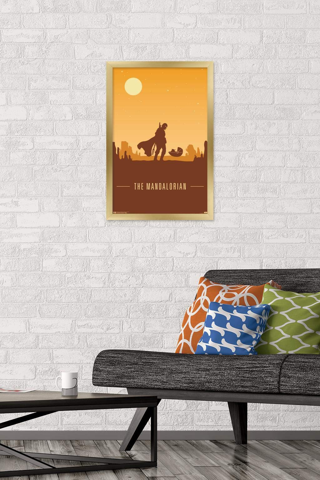 Trends International Star Wars: The Mandalorian - Mando And The Child At Dusk Wall Poster, 14.725'' X 22.375'', Gold Framed Vers