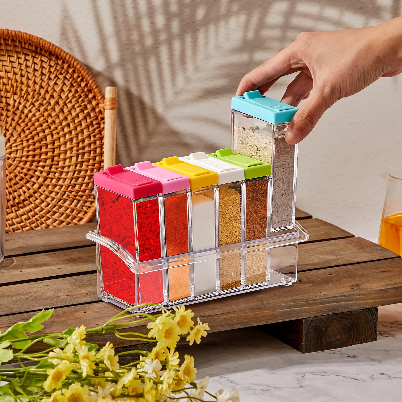 Maxdot 4 Pcs Spice Shaker Jars Colored Plastic Seasoning Shaker Box with Lid and Tray Multi Spice Container for Camping Seasonin