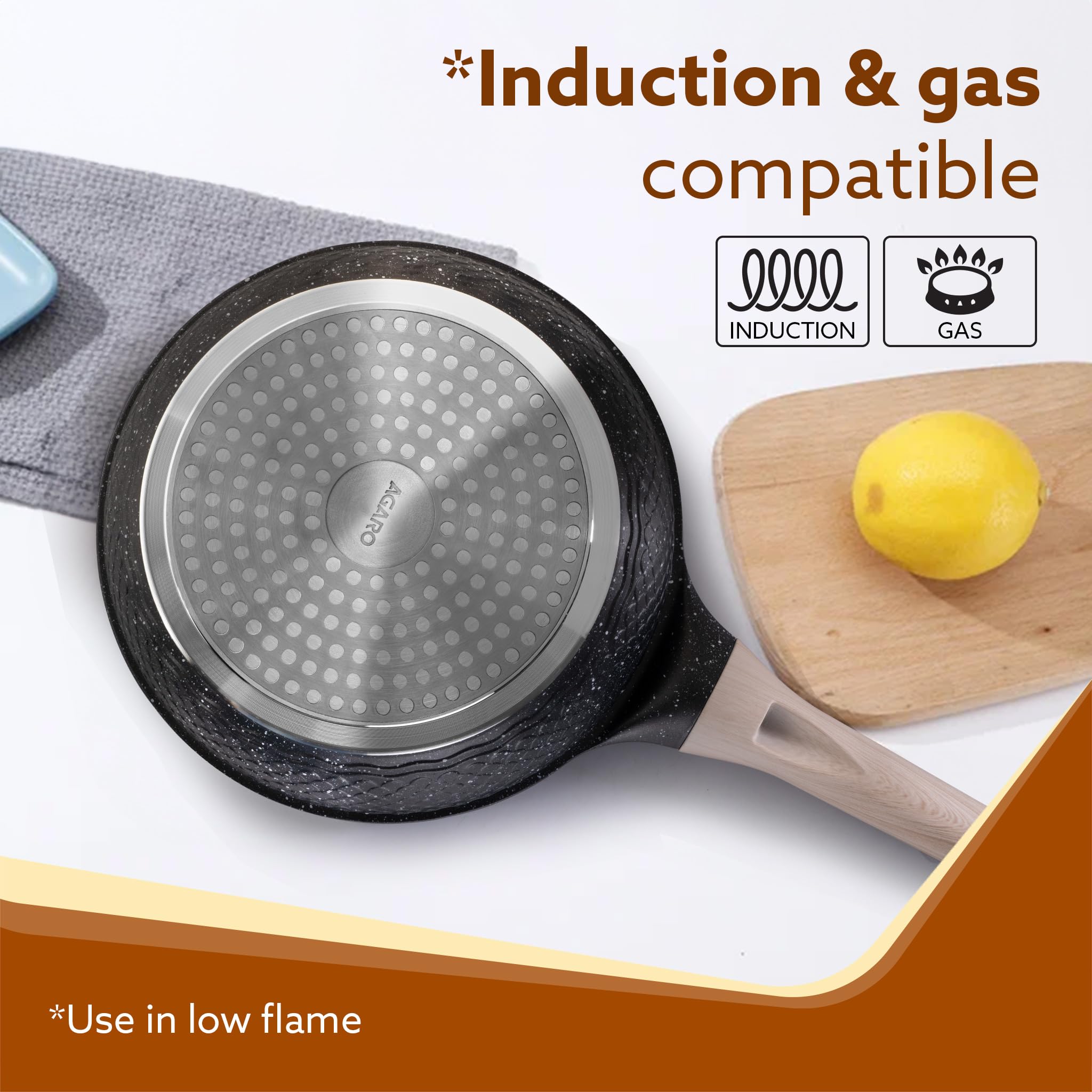 AGARO Imperial Granite Non Stick Frypan with Glass Lid, 3L / 28cm, Cast Aluminium Body, Omlette Egg Pan, Fish Fry Pan, Gas & Ind