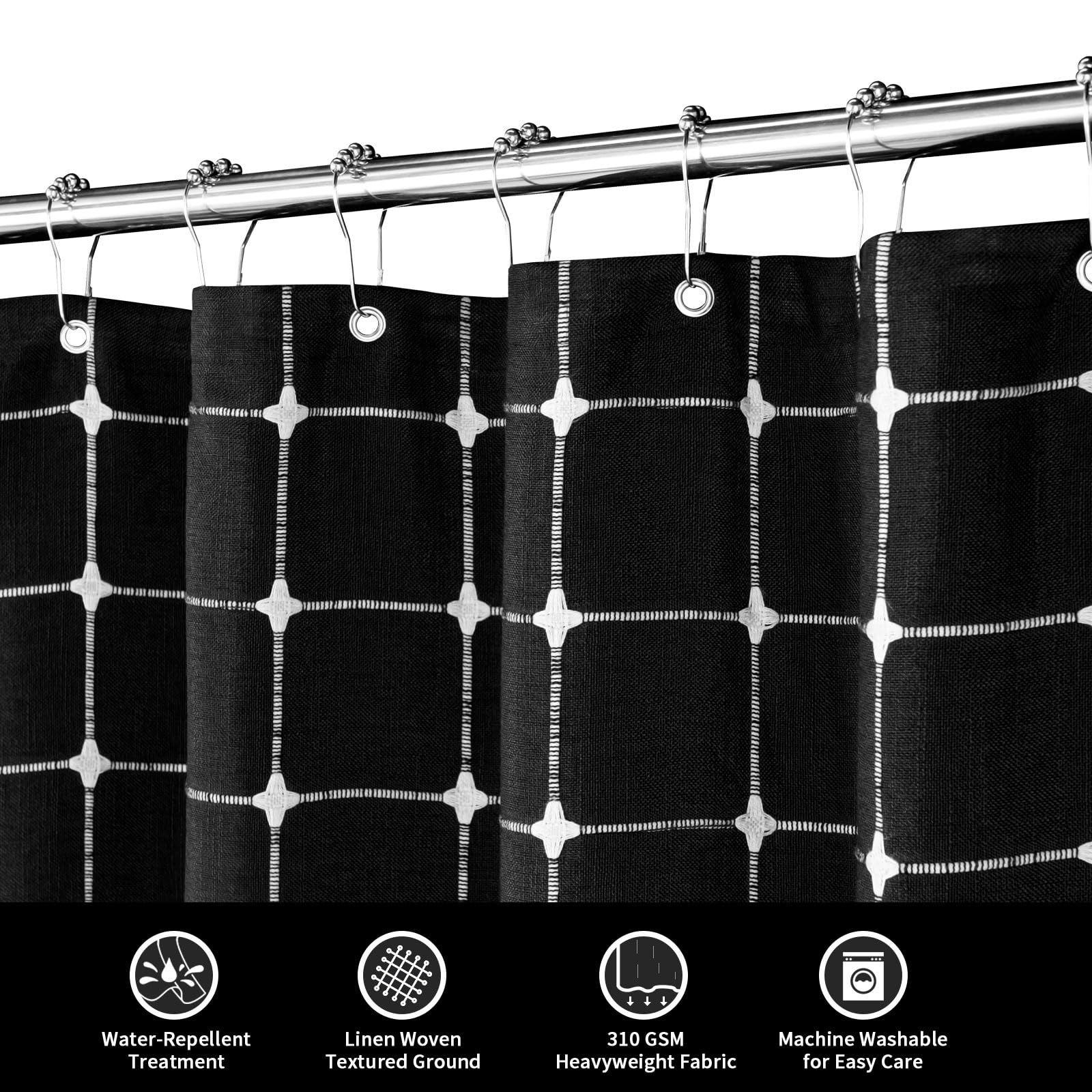 Mitovilla Boho Farmhouse Shower Curtain Set 72 X 78, Black 78 Inch Long Cotton Linen Tassel Fabric Shower Curtain Set For Chic C