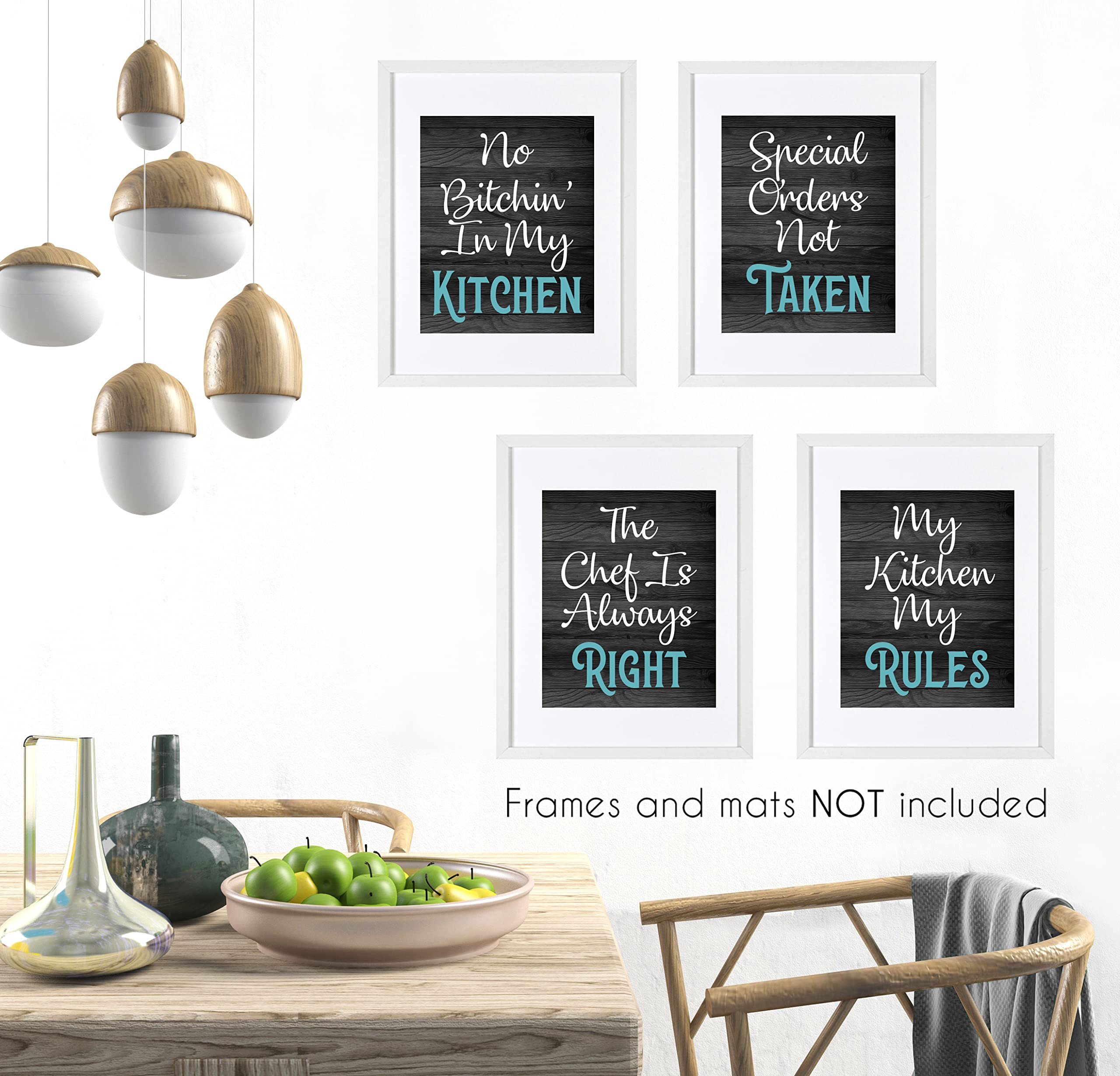 Turquoise Teal Blue and Black Woodgrain Retro Vintage Inspirational Rules Wall Art for Dining Room Kitchen Cafe and Restaurant Decor Prints Posters Signs Sets Home Decorations Funny Sayings Quotes No