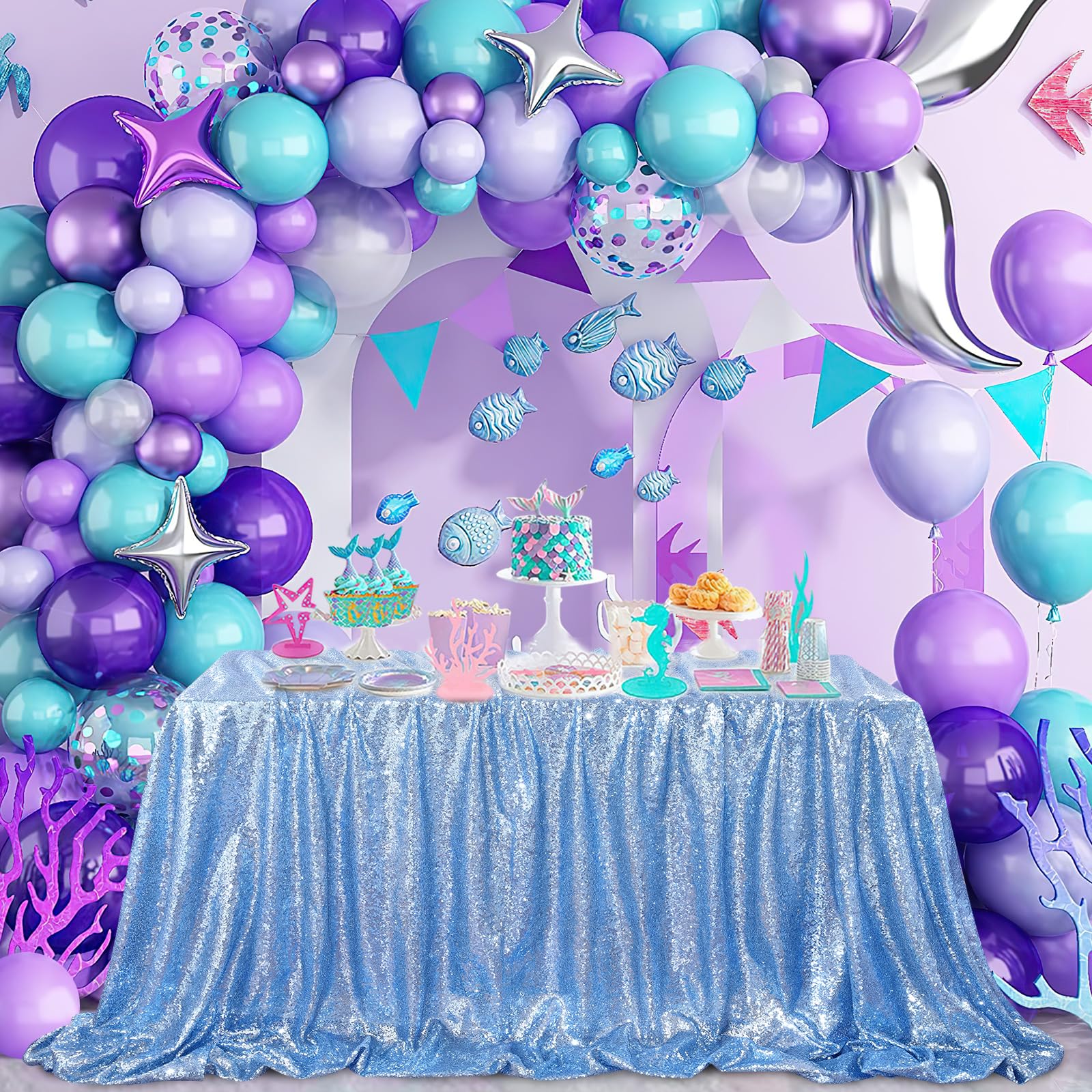 Queendream Sparkly Sequin Tablecloth - Baby Blue Table Cloth 50X80 Inches Rectangle Table Overlay Fabric For Birthday Parties Ba