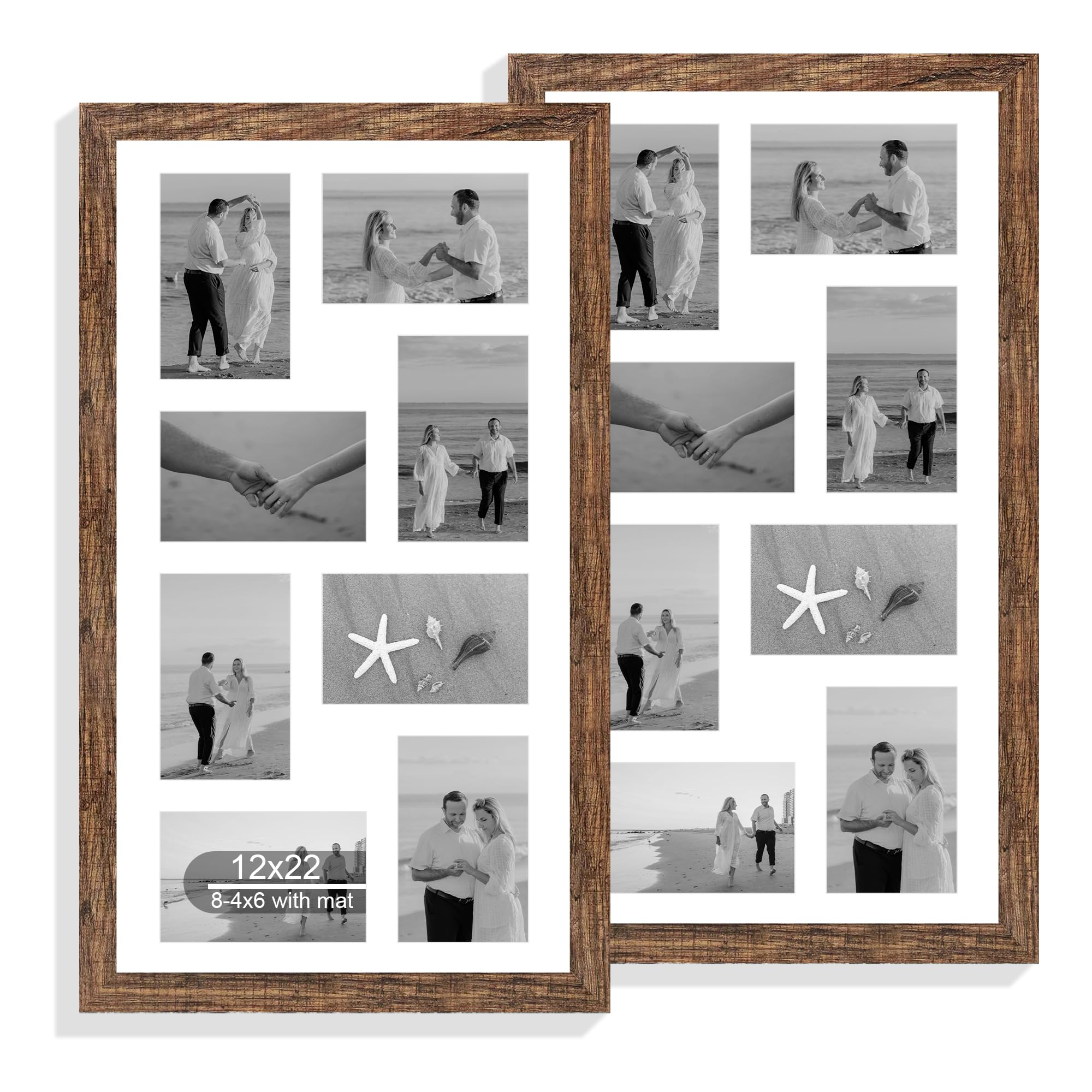 Hongkee 12x22 Picture Frame Set of 2, Rustic Brown with Glass Collage Frame, Display Eight Opening 4x6 Photos With Mat or 12 x 2