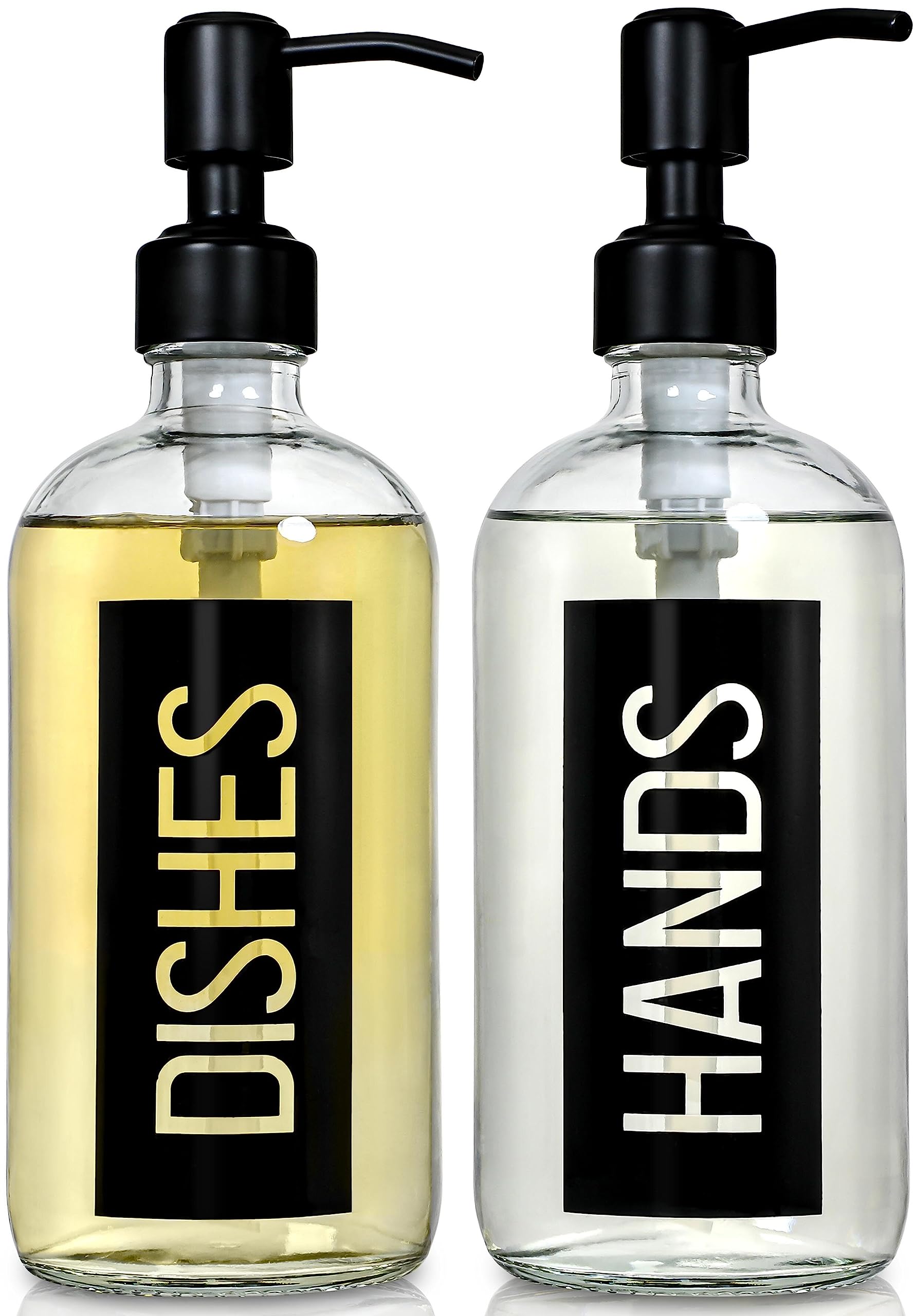 Jasai 2Pack 18Oz Glass Soap Dispenser With Black Stainless Steel Pump, Kitchen Soap Dispenser With Classy Black Hands & Dishes L