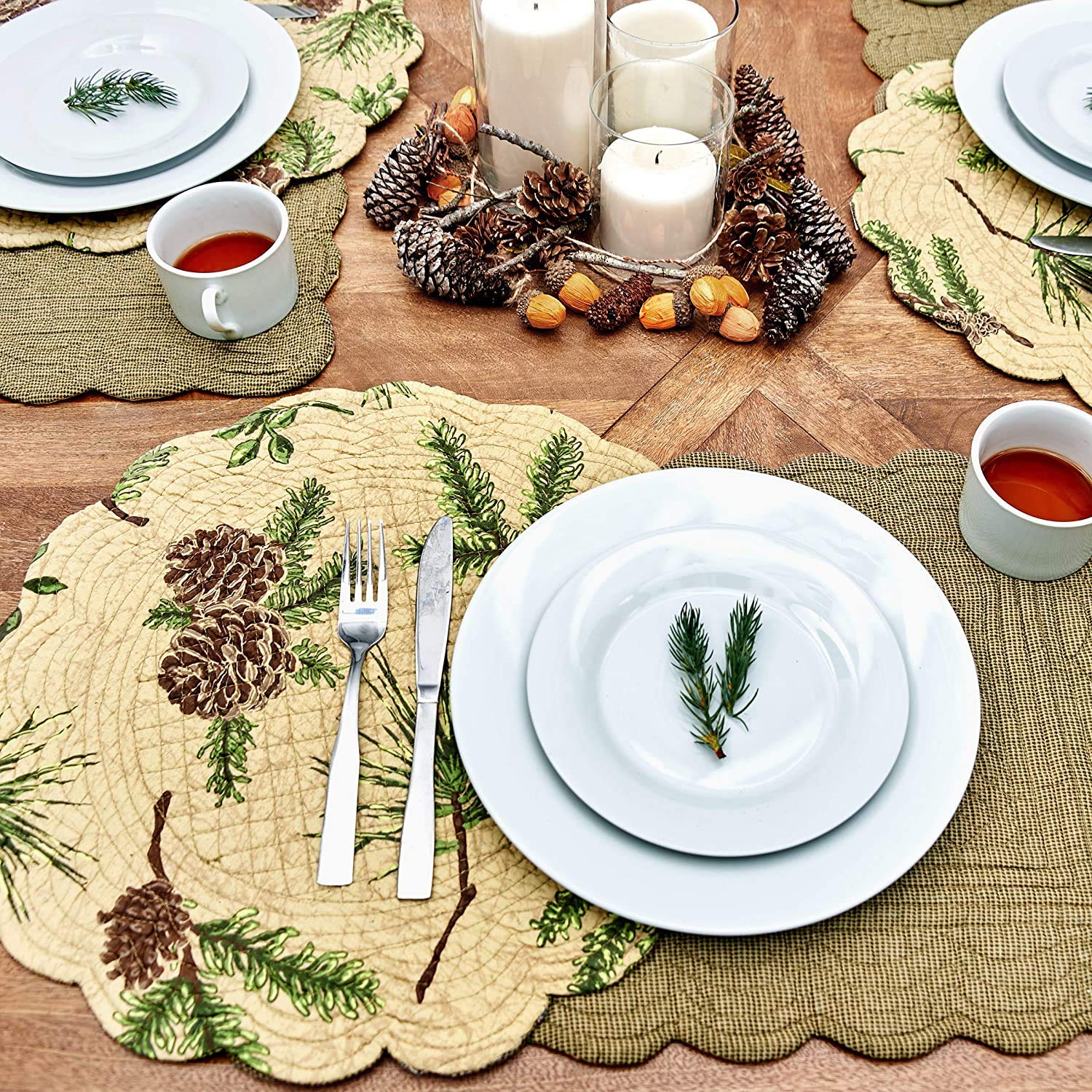 C&F Home Placemat Rectangular 100% Cotton 13"x19" Scalloped Tan Pinecone & Pine Needles Reversible Machine Washable