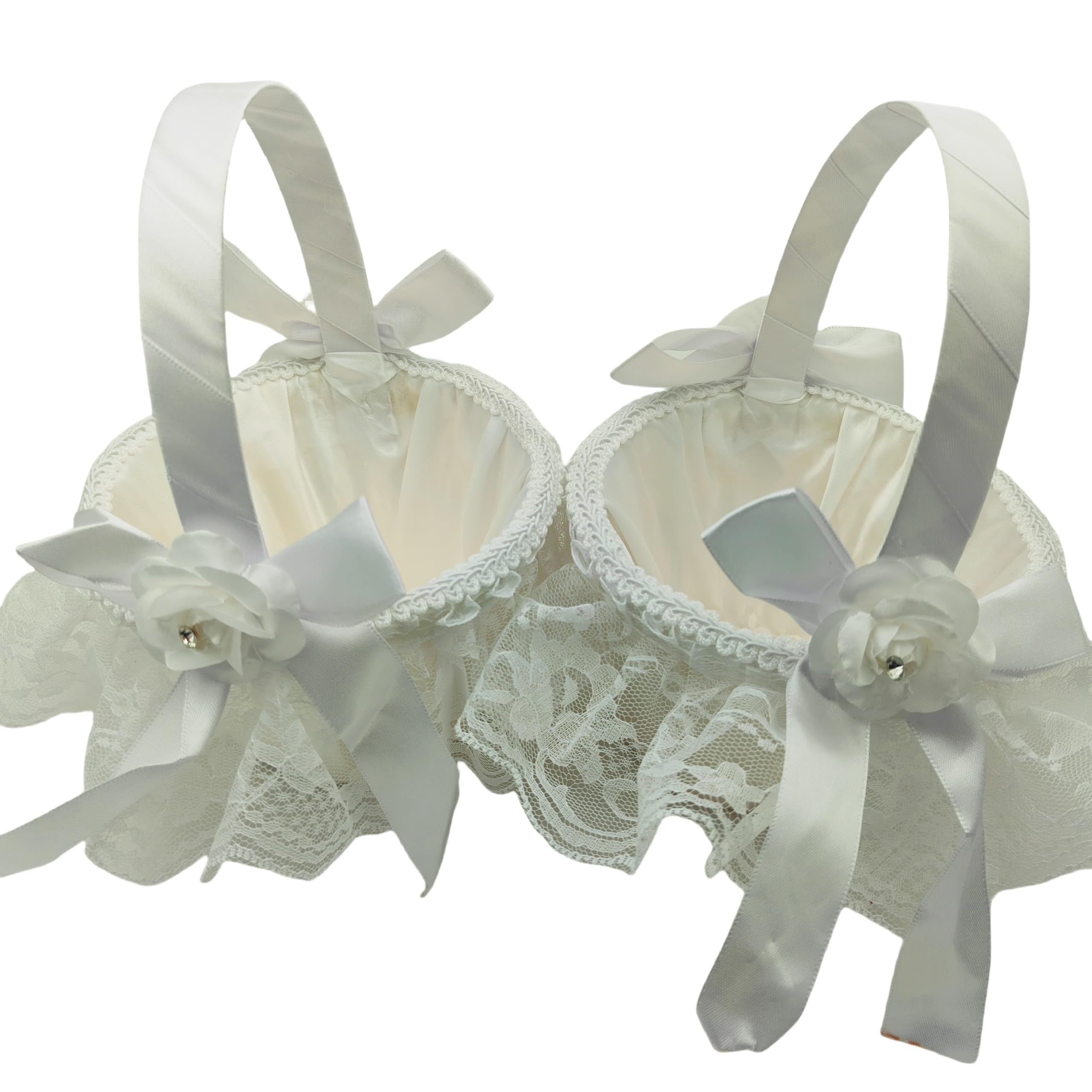 2 PCS Wedding Flower Girl Baskets,Creative Handheld Lace Rhinestone Flower Baskets for Flower Bride/Kids Wedding Ceremony Party
