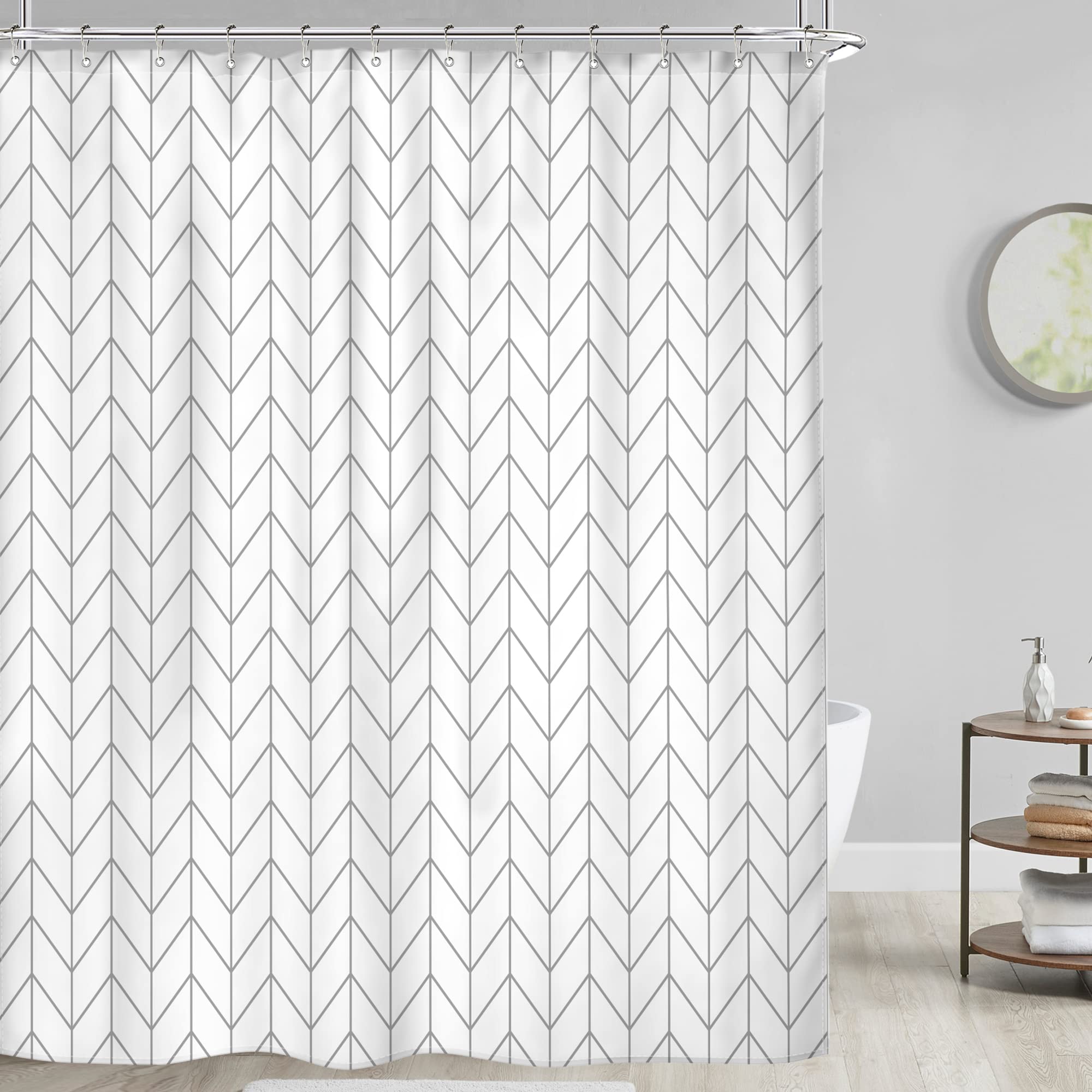 Riyidecor Geometric Chevron Neutral Shower Curtain for Bathroom White Grey Herringbone 72Wx72H Inch Striped Simple Modern Classy Contemporary Decor Fabric Set Polyester Waterproof