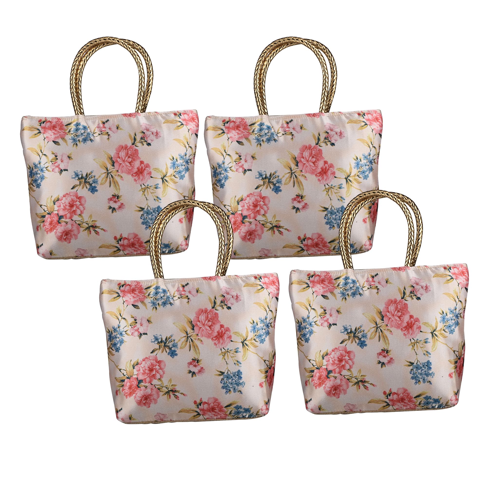 Kuber Industries 4 Pcs Silk Small Hand Bags For Women Stylish With Handle & 1 Outer Zip Pocket | Traditional Handheld Bags For W