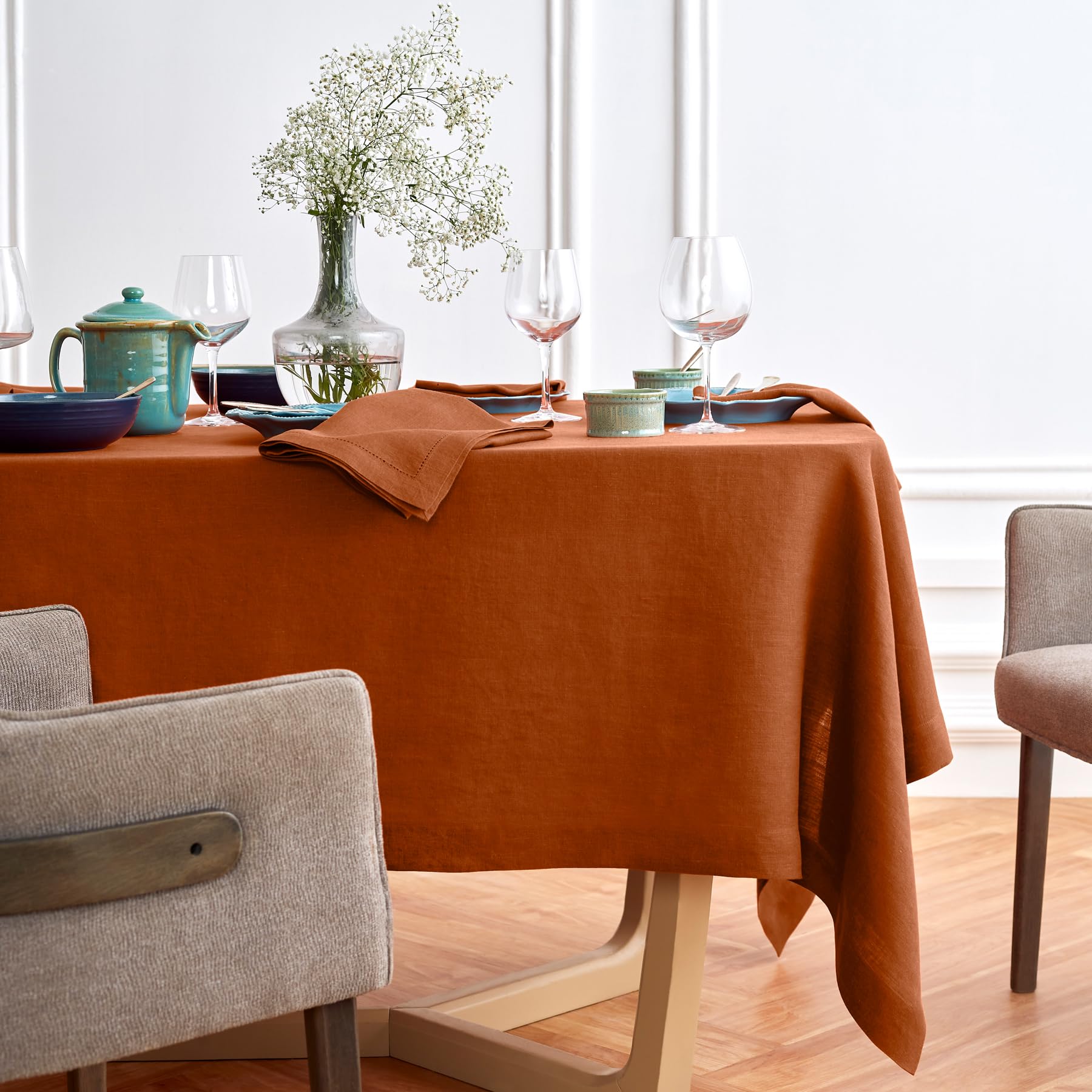 Solino Home Cinnamon Stick Linen Tablecloth 108'' L X 70'' W Inch - Sonoma, 100% Pure Linen Prewashed Table Cloth For Rectangle