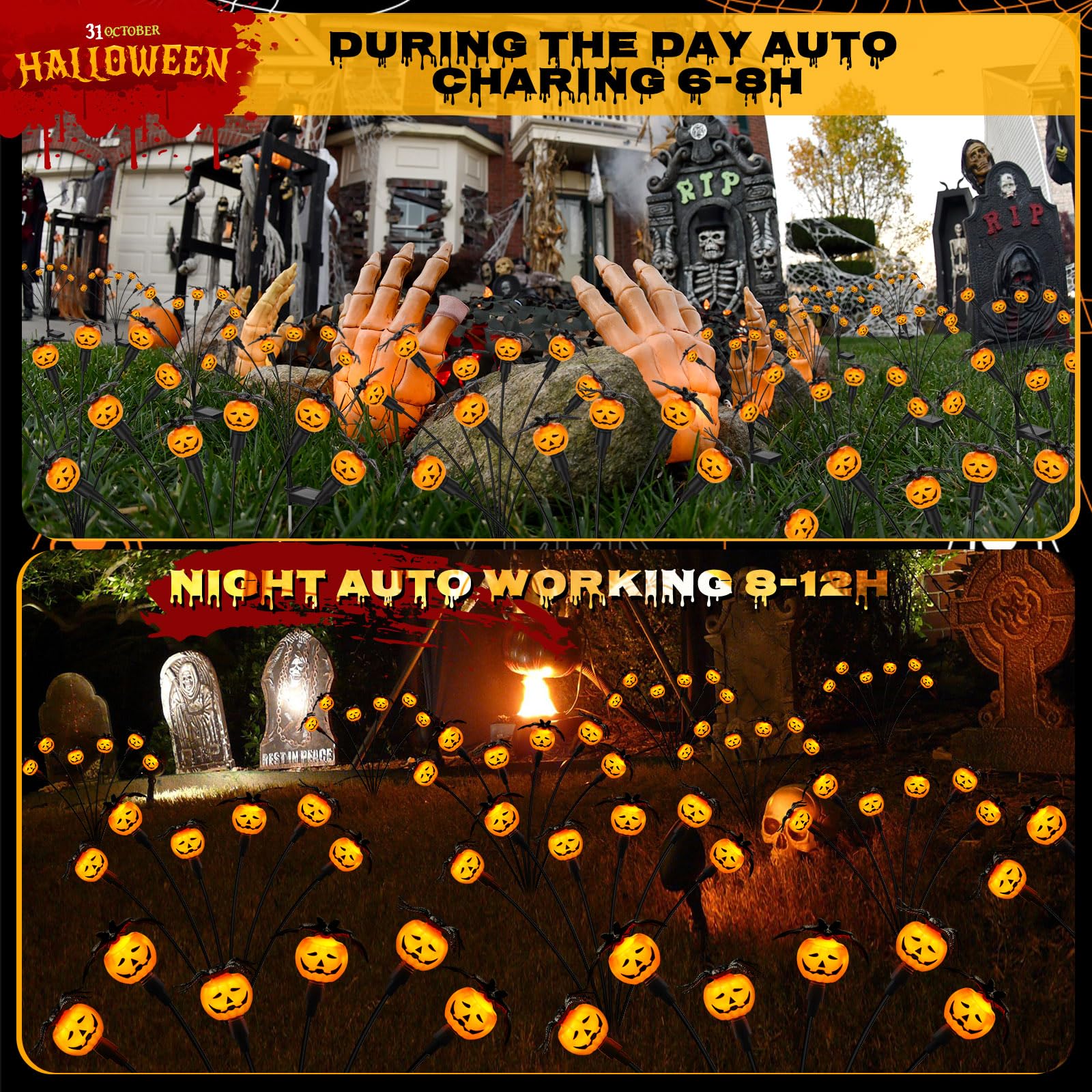 Weepong Halloween Decorations Outdoor 2 Pack Solar Lights, 12 LED Scary Pumpkin Swaying Firefly Lights with Spider & Bats for Ou