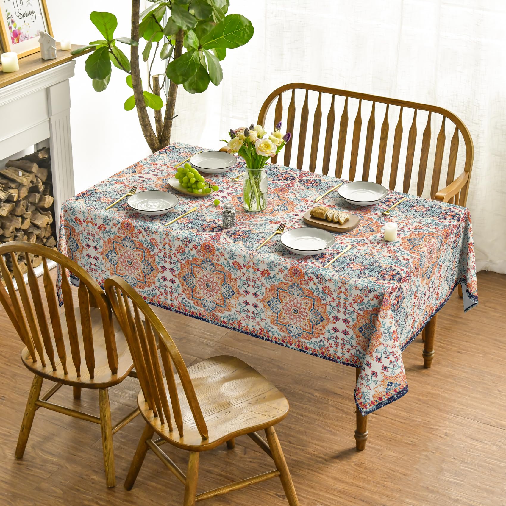 Horaldaily Boho Bohemia Style Tablecloth 52  70 Inch Rectangular, Vintage Country Rustic Farmhouse Magical Orange Washable Table