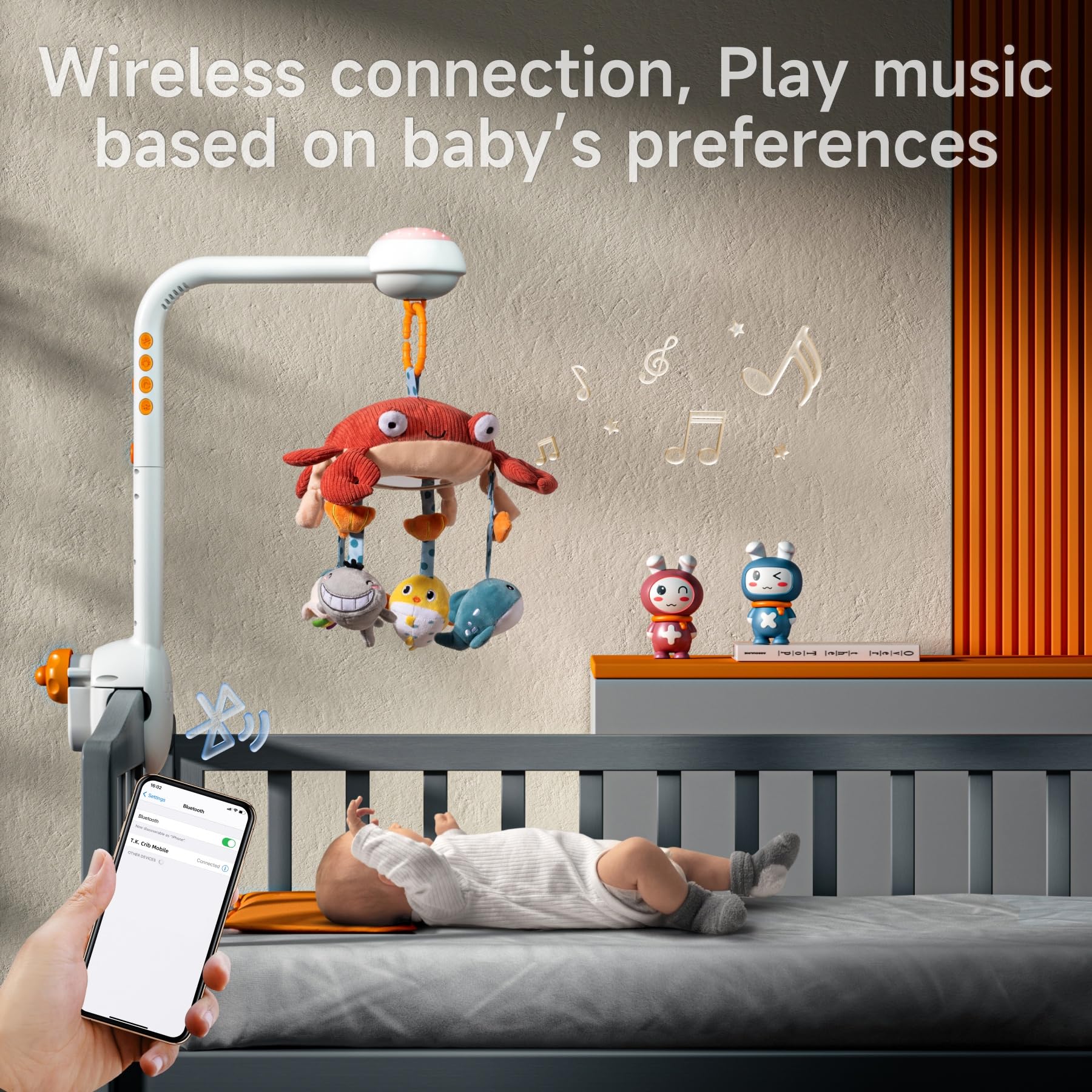 Tumama Baby Crib Mobile with Projection Night Light, Music and White Noise, Soft Plush Mirror Hanging Toys, Mute Spin Motor Nurs