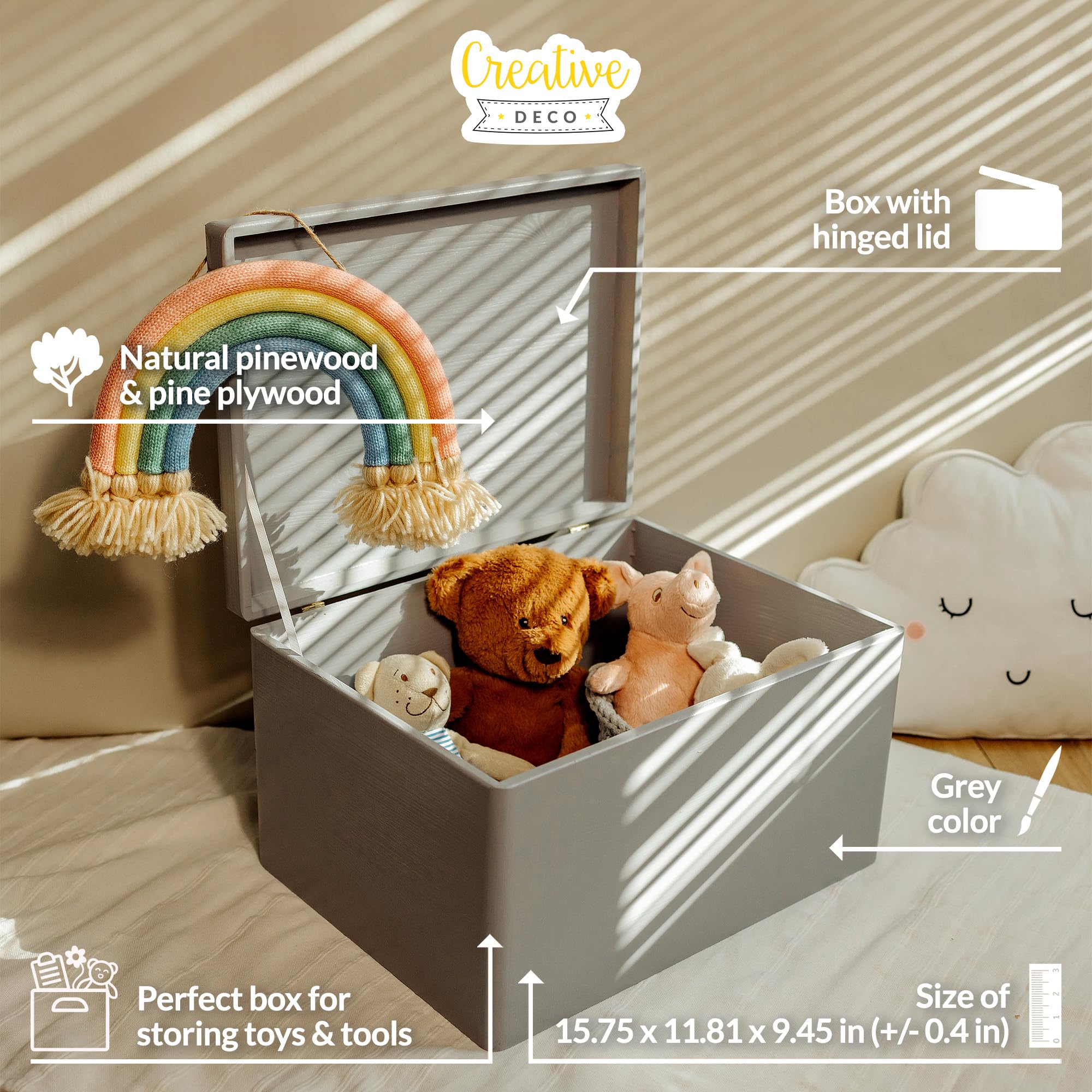 Creative Deco Large Grey Wooden Box Storage with Hinged Lid | 15.8 x 11.8 x 9.44 inches (+-0.5) | with Handles | Gift Box Storag