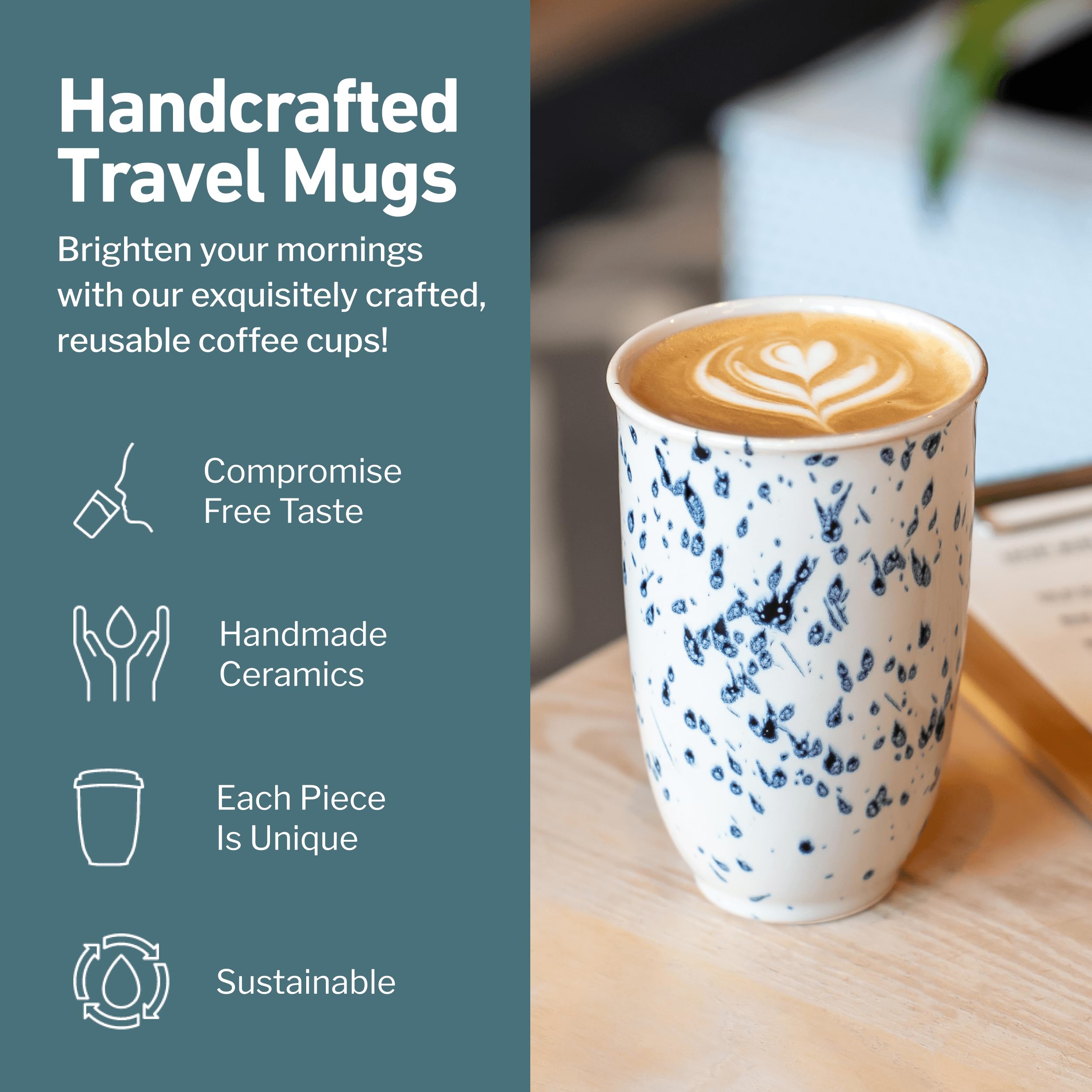 NOVA CERAMICS Travel Mug - Travel Size Mug - Reusable Coffee Mug Unique to Go Mug - Microwave & Dishwasher Safe Coffee White & B