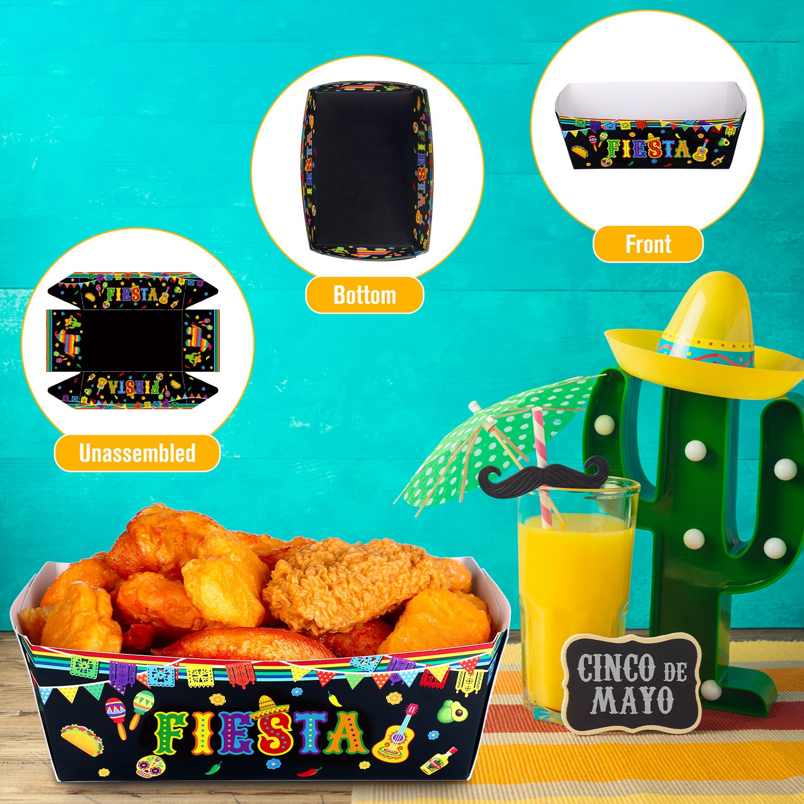 50 Pieces Fiesta Snack Trays Party Supplies Cinco De Mayo Nacho Paper Food Trays Mexican Theme Decorations Day Of The Dead Popco