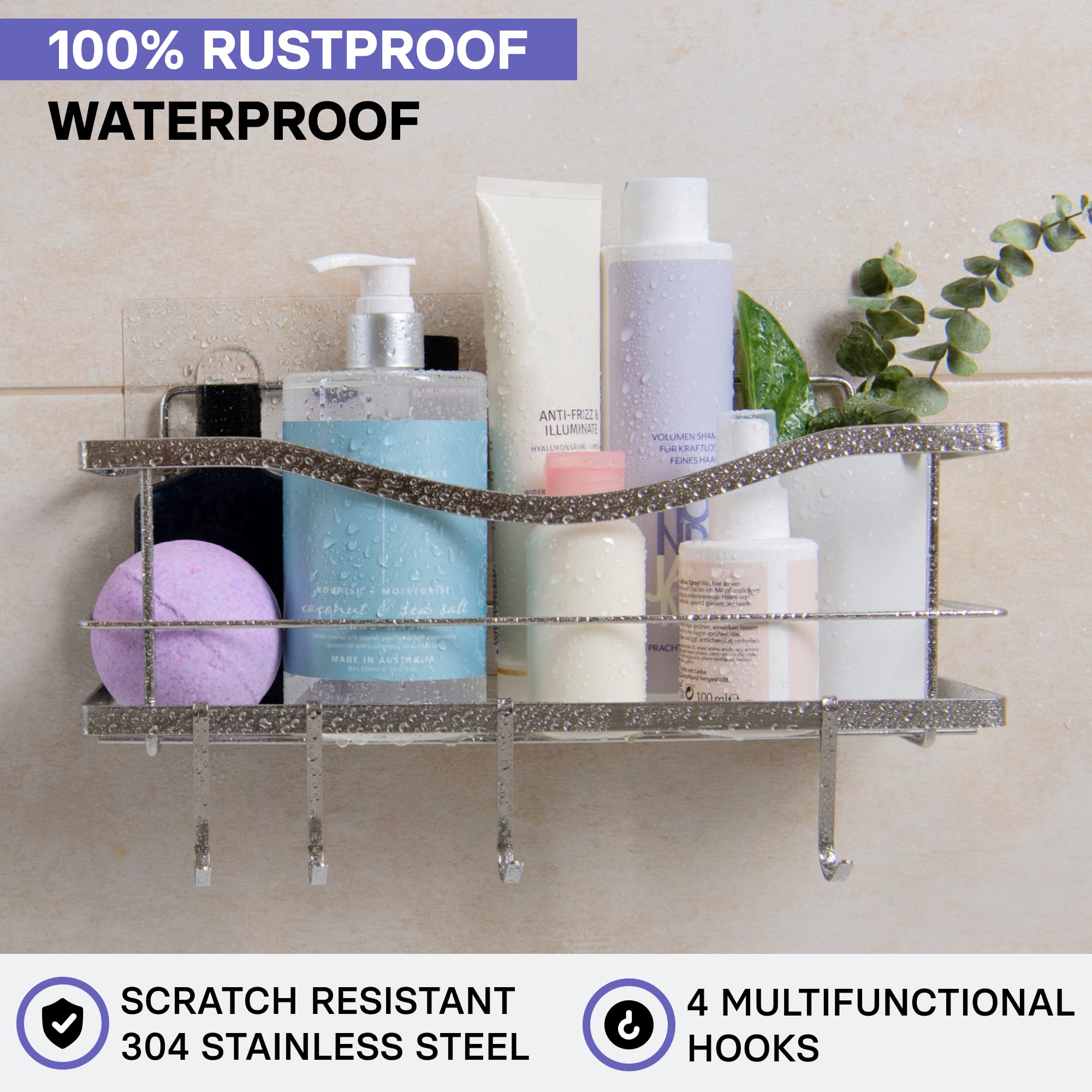 Kincmax Premium Shower Caddy - Self Adhesive Shower Organizer W/ 4 Hooks, Drill-Free Shower Shelves For Inside Shower, Rustproof