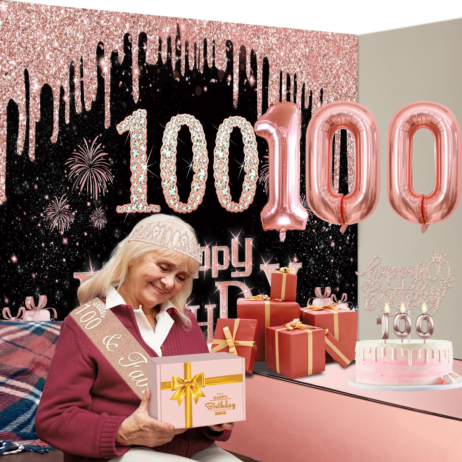100Th Birthday Decorations For Women With Banner, Rose Gold Tablecloth, Number Balloons, 100Th Birthday Sash And Tiara, Cake Top
