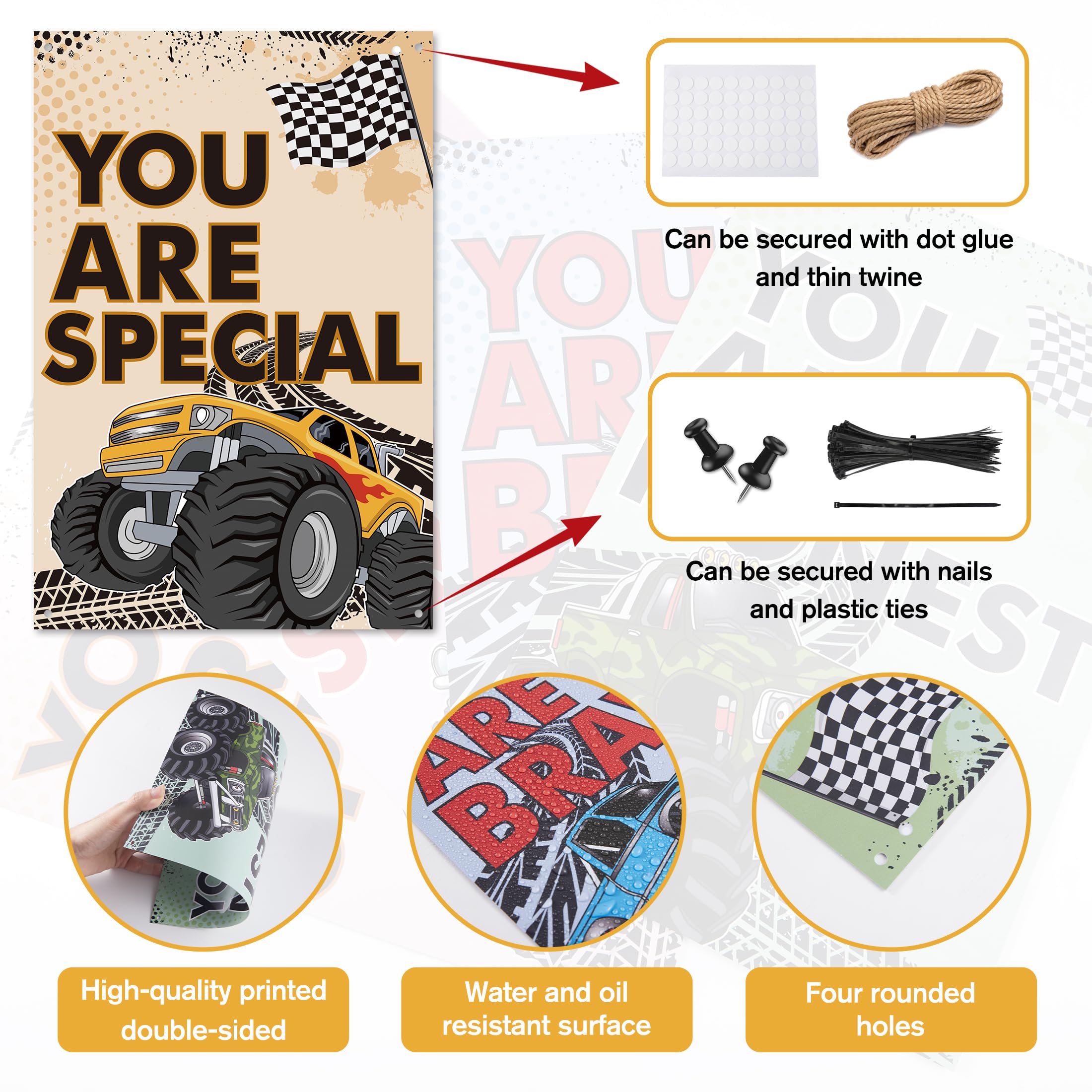 4 Pcs Monster Trucks Bedroom Wall Decor for Boys, Inspirational Construction Trucks Sign Decoration for Kids, Motivational Vinyl