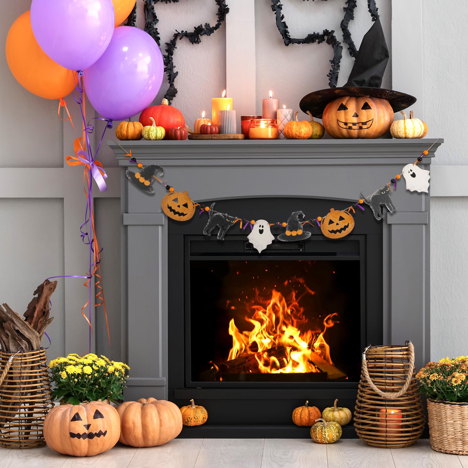 Cinnvoice 8.2 ft Halloween Black Cat Ghost Witch Hat Pumpkin Garland Wooden Beads Garland Rustic Farmhouse Country Decor Wood Ba