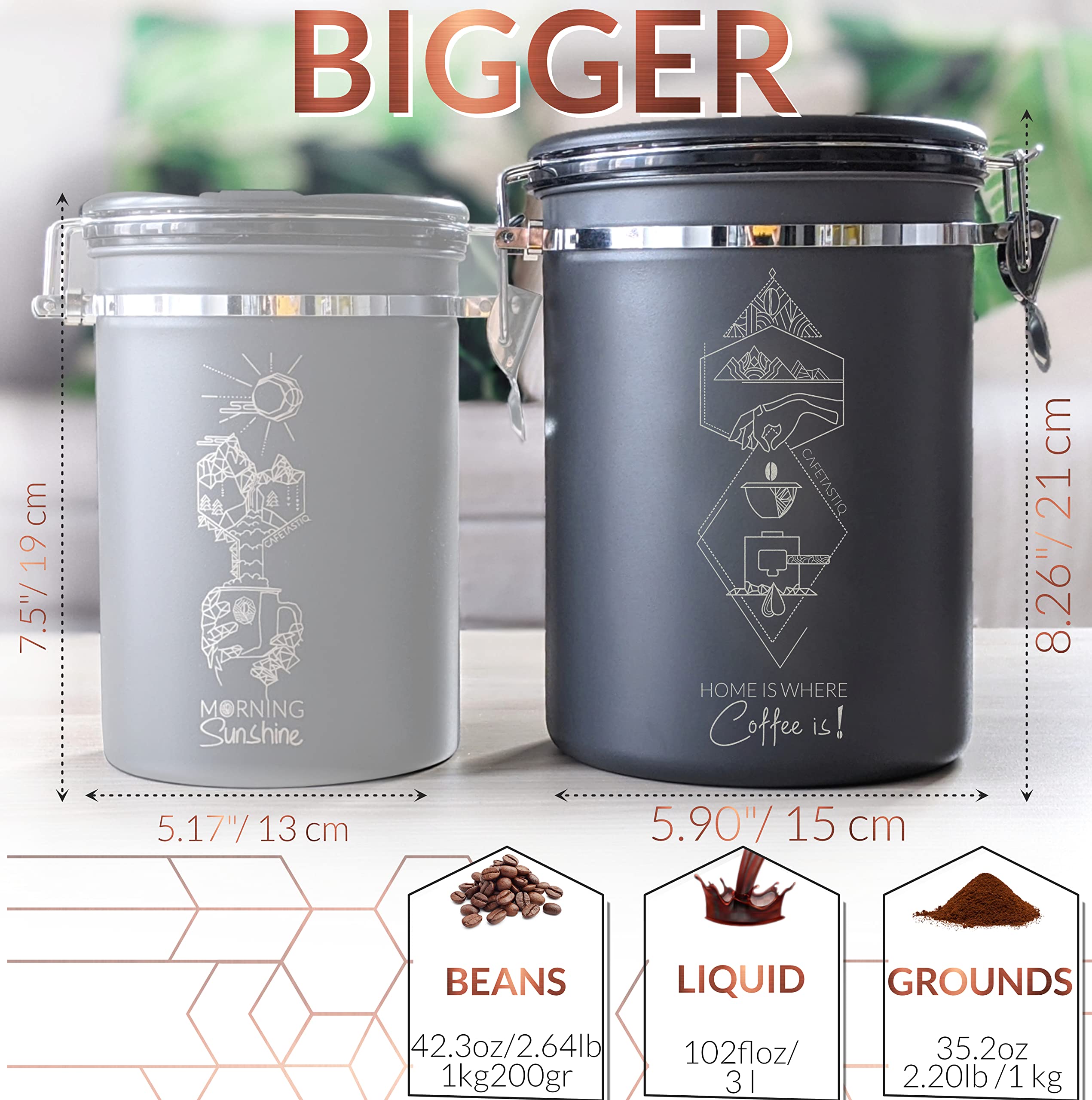 Extra Large 38Oz Beans / 35Oz Grounds Coffee Canister - Coffee Storage Container Tea Flour, Airtight Stainless Steel With Date D