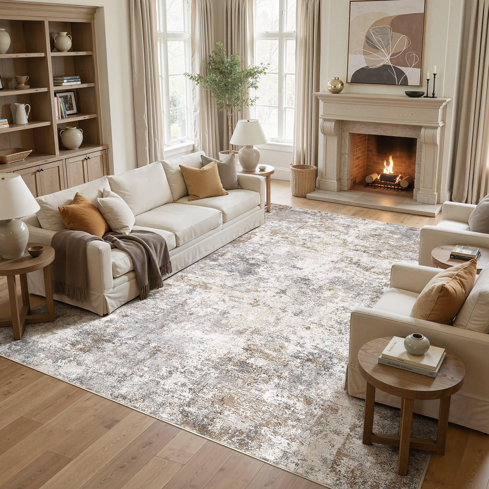 UERMEI Square Area Rugs : Washable 12x12 Neutral Modern Abstract Carpet for Living Room Bedroom - Soft Floor Mat with Non Slip B